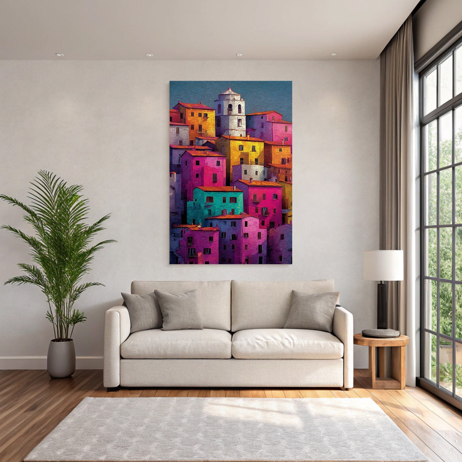 Vibrant colorful scene of buildings with textured style