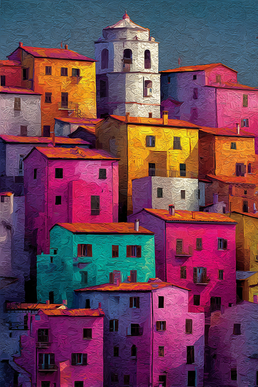 Vibrante Farbige Szene Von Gebäuden Mit Texturiertem Stil | Gruen Rosa Orange Lila | Farbenwelten