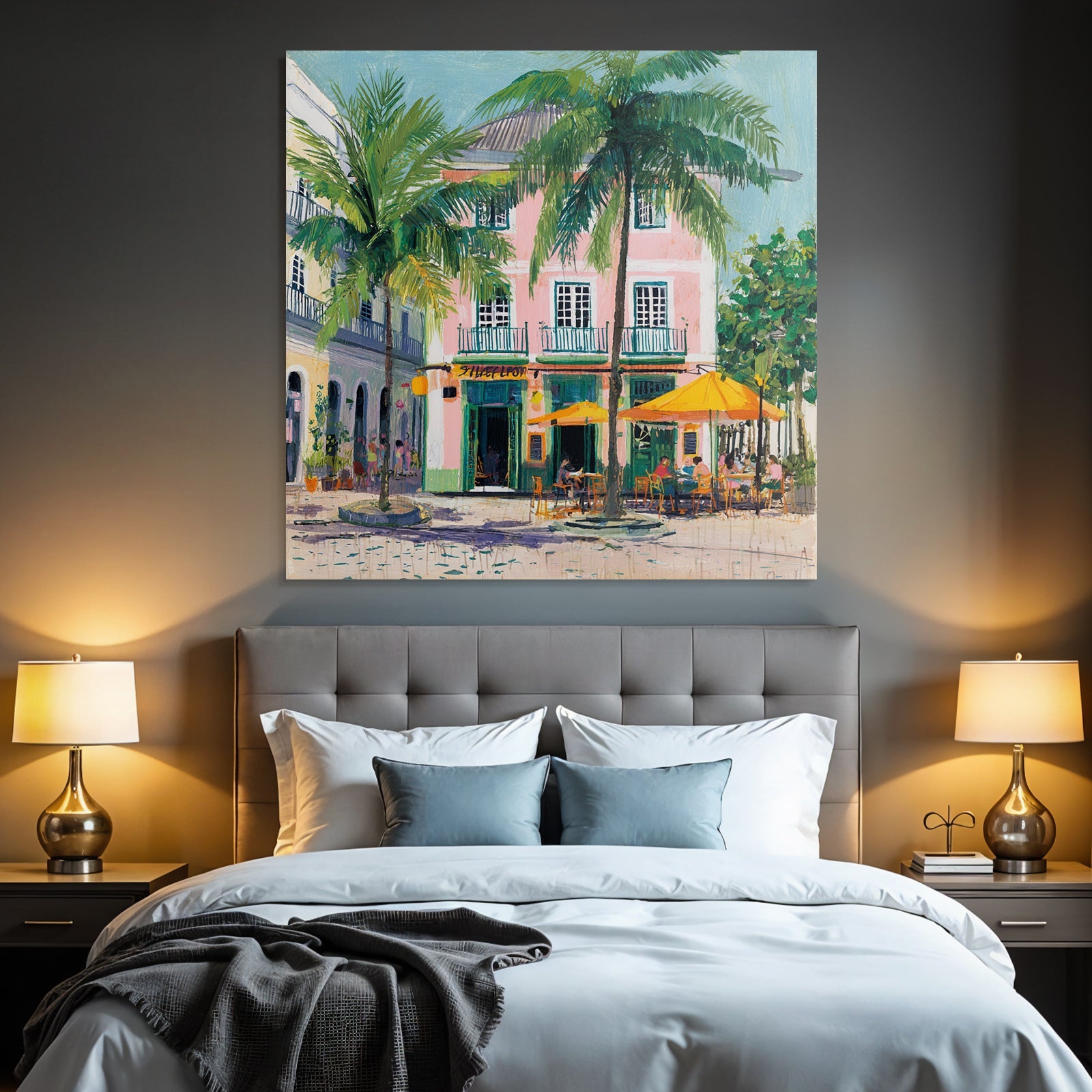 Tropische Szene Buntes Bild Mit Pinkem Gebäude Und Palmbäumen