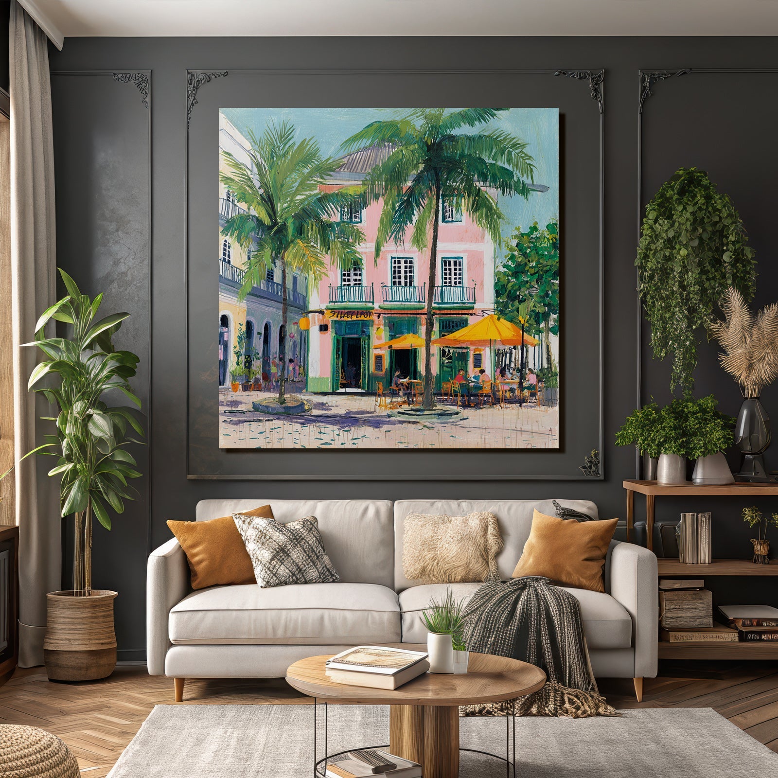 Tropische Szene Buntes Bild Mit Pinkem Gebäude Und Palmbäumen