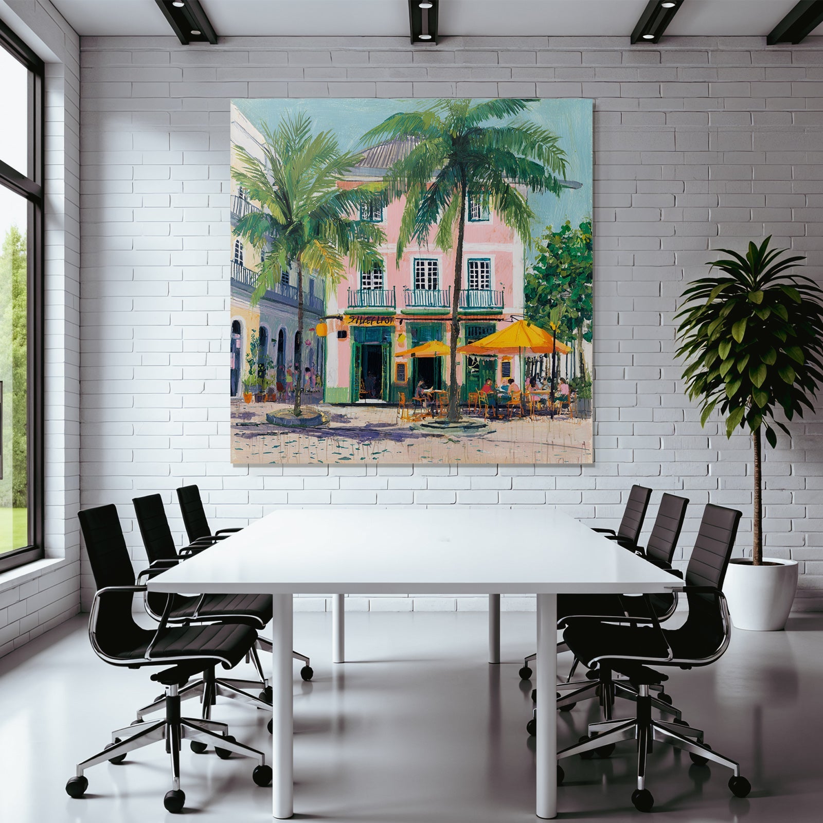 Tropische Szene Buntes Bild Mit Pinkem Gebäude Und Palmbäumen