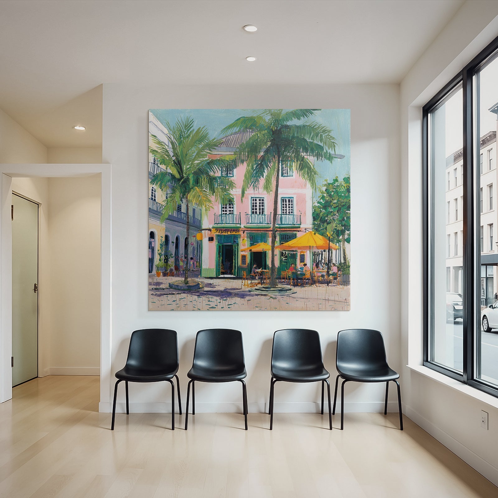 Tropische Szene Buntes Bild Mit Pinkem Gebäude Und Palmbäumen