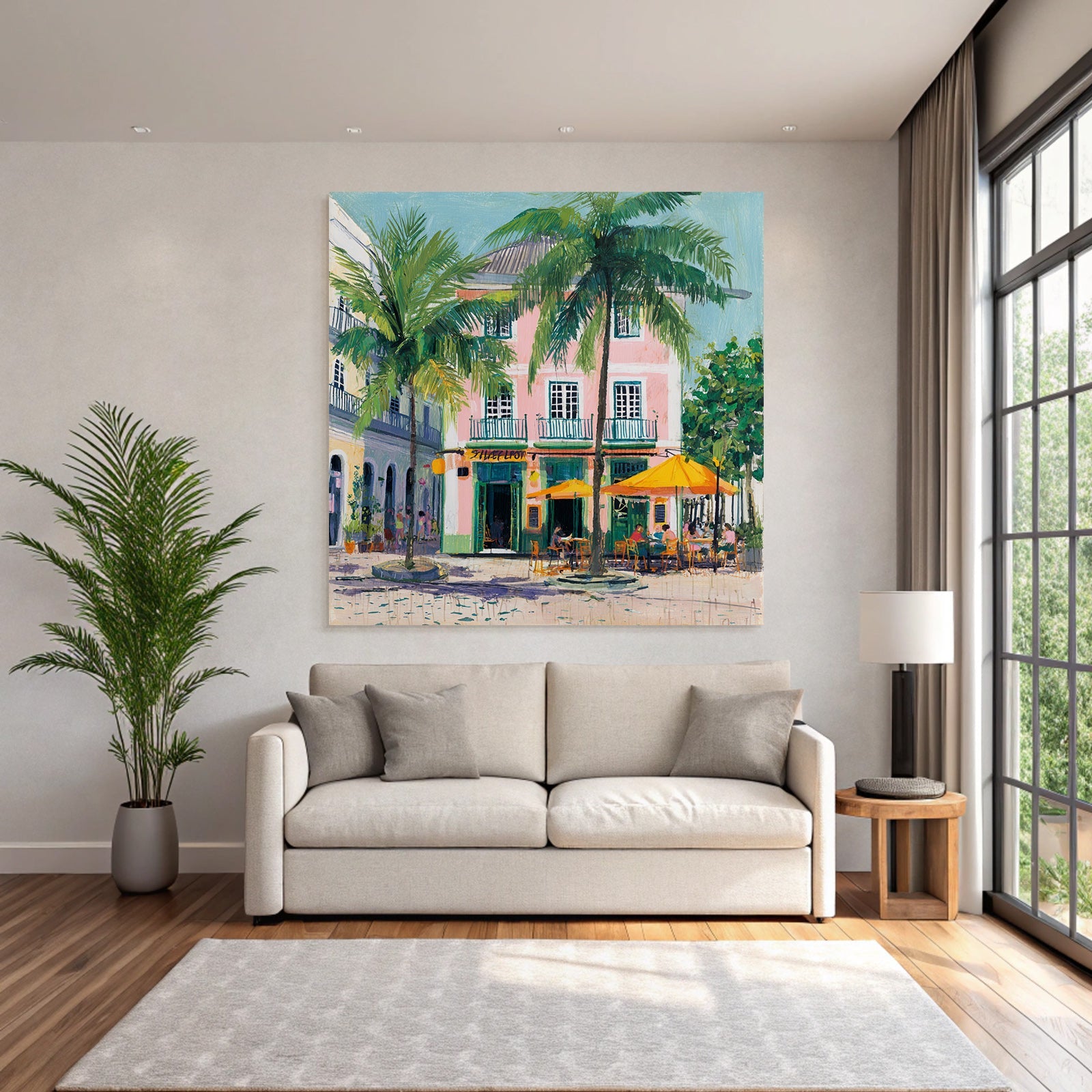 Tropische Szene Buntes Bild Mit Pinkem Gebäude Und Palmbäumen