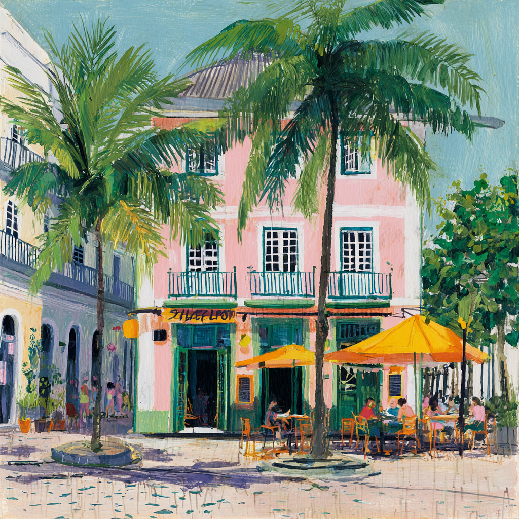 Tropische Szene Buntes Bild Mit Pinkem Gebäude Und Palmbäumen | Gruen Rosa Orange Lila | Farbenwelten