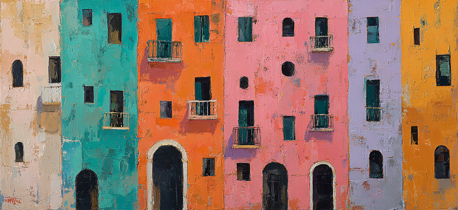 Bunte Häuser Fassaden Impressionismus | Gruen Rosa Orange Lila | Farbenwelten