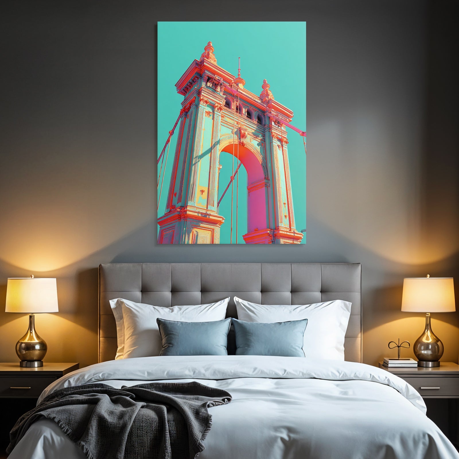 Neon and pop colors digital design bridge structure turquoise pink peach
