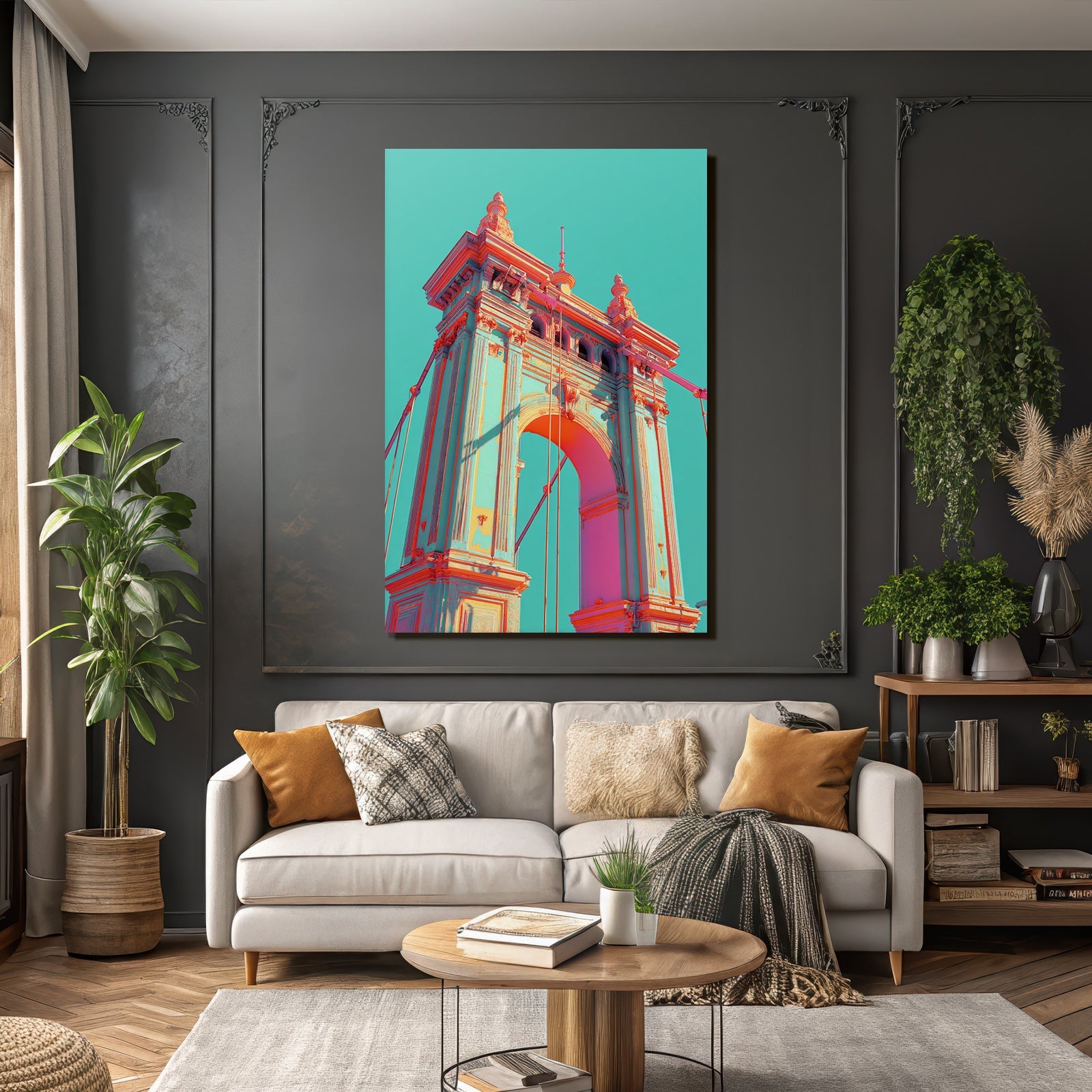 Neon and pop colors digital design bridge structure turquoise pink peach