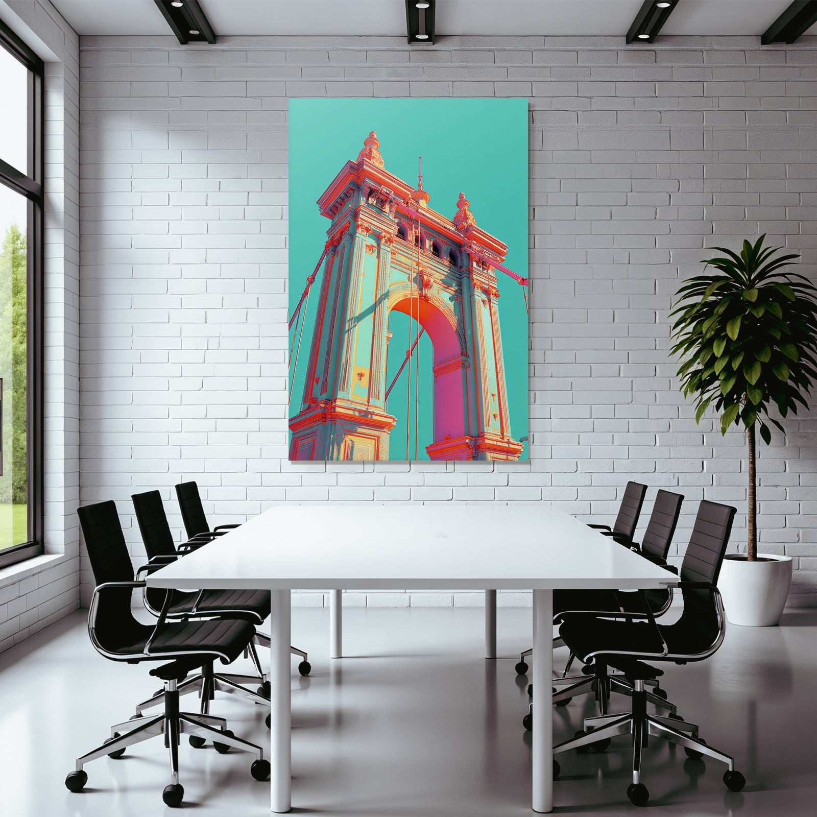 Neon and pop colors digital design bridge structure turquoise pink peach