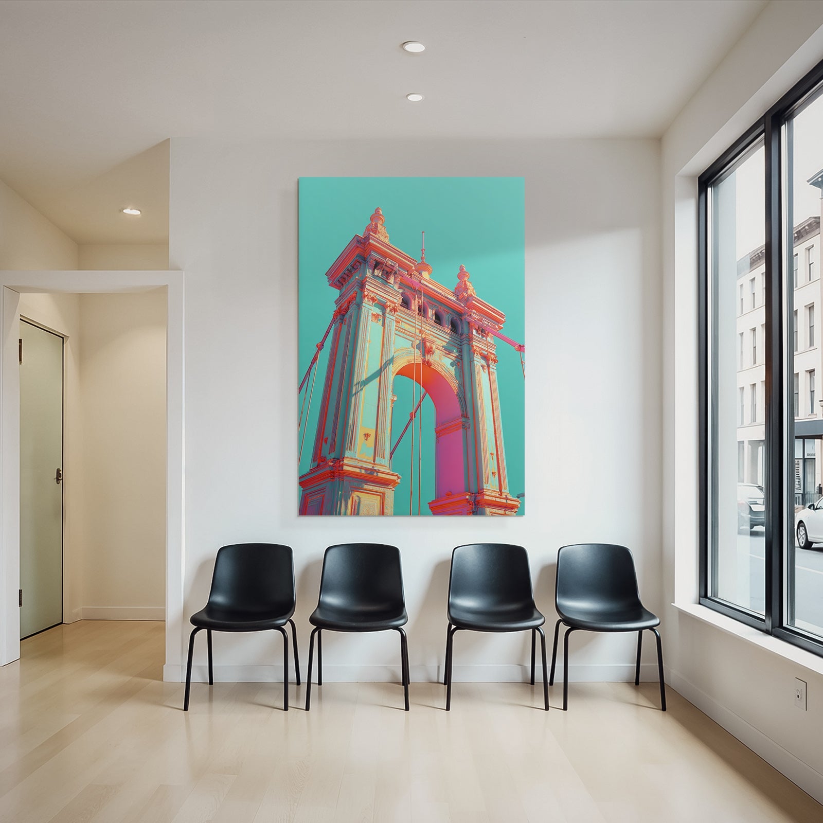 Neon and pop colors digital design bridge structure turquoise pink peach