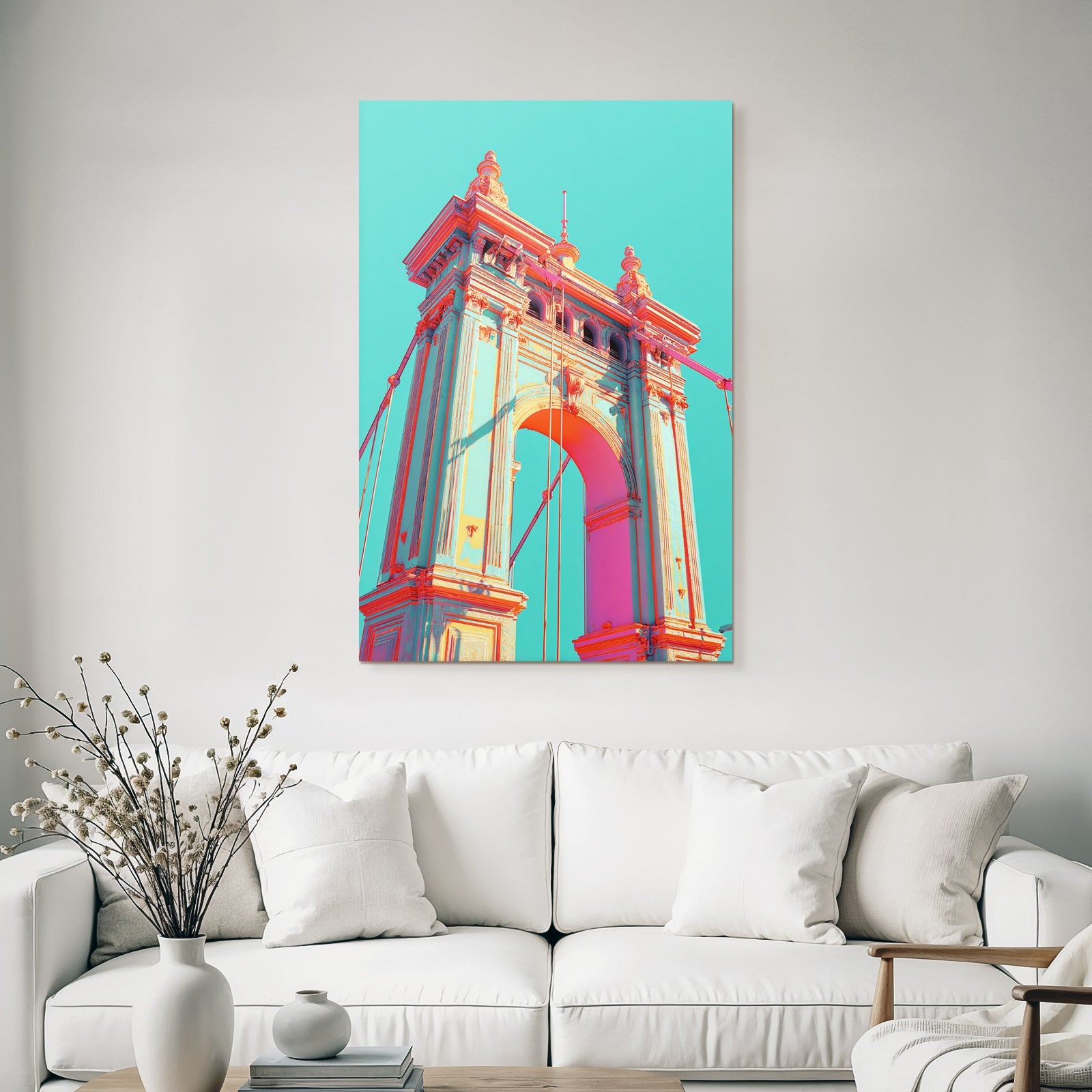 Neon and pop colors digital design bridge structure turquoise pink peach