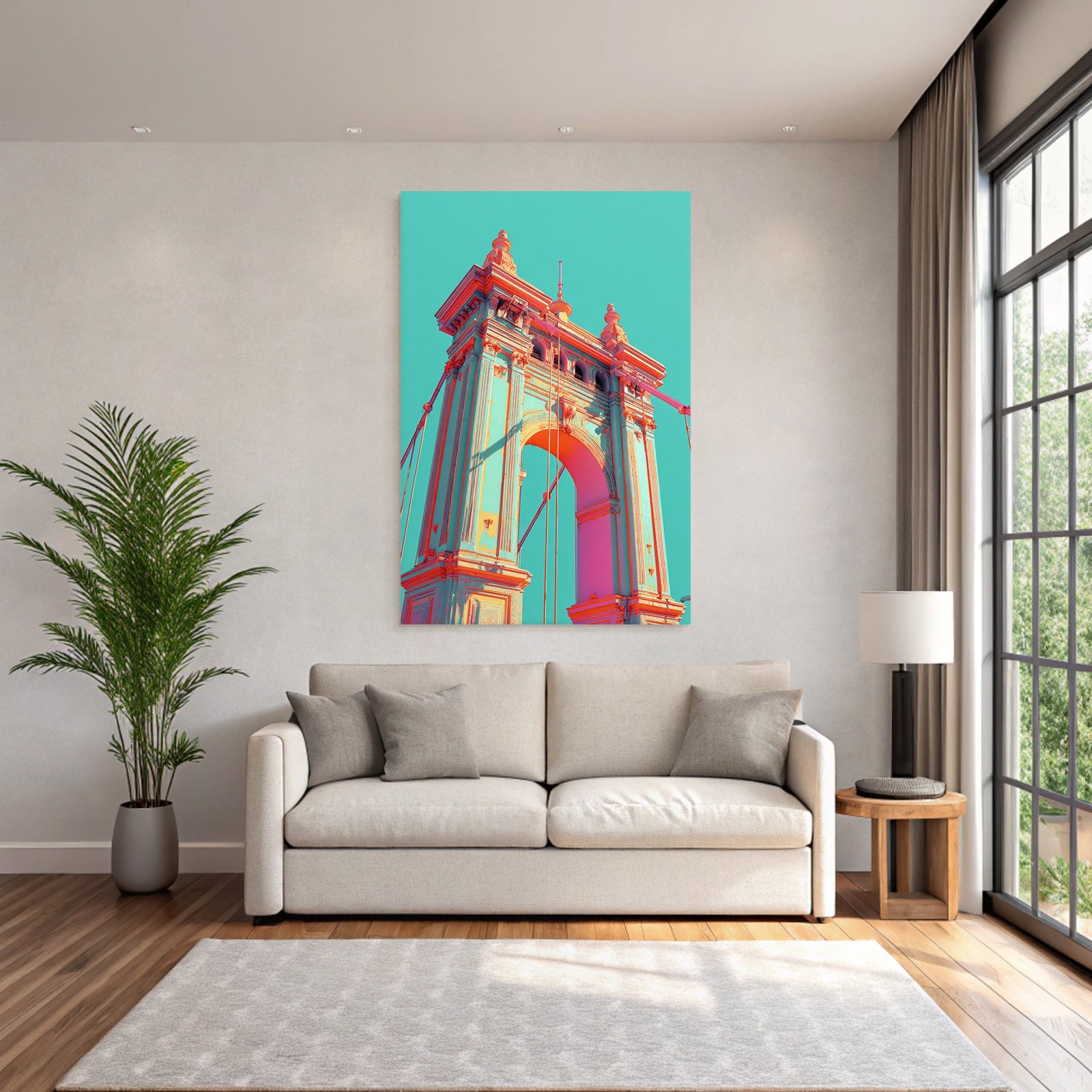 Neon and pop colors digital design bridge structure turquoise pink peach