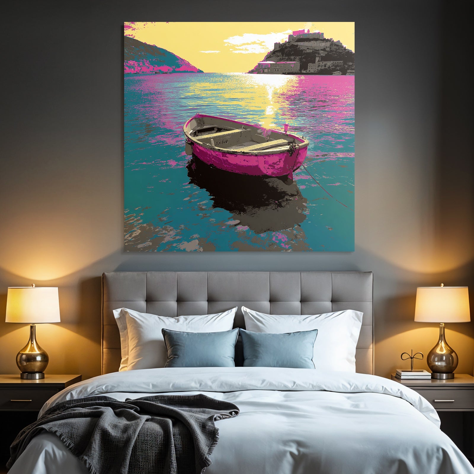 Neon and pop colors colorful boat on the water with land in the background