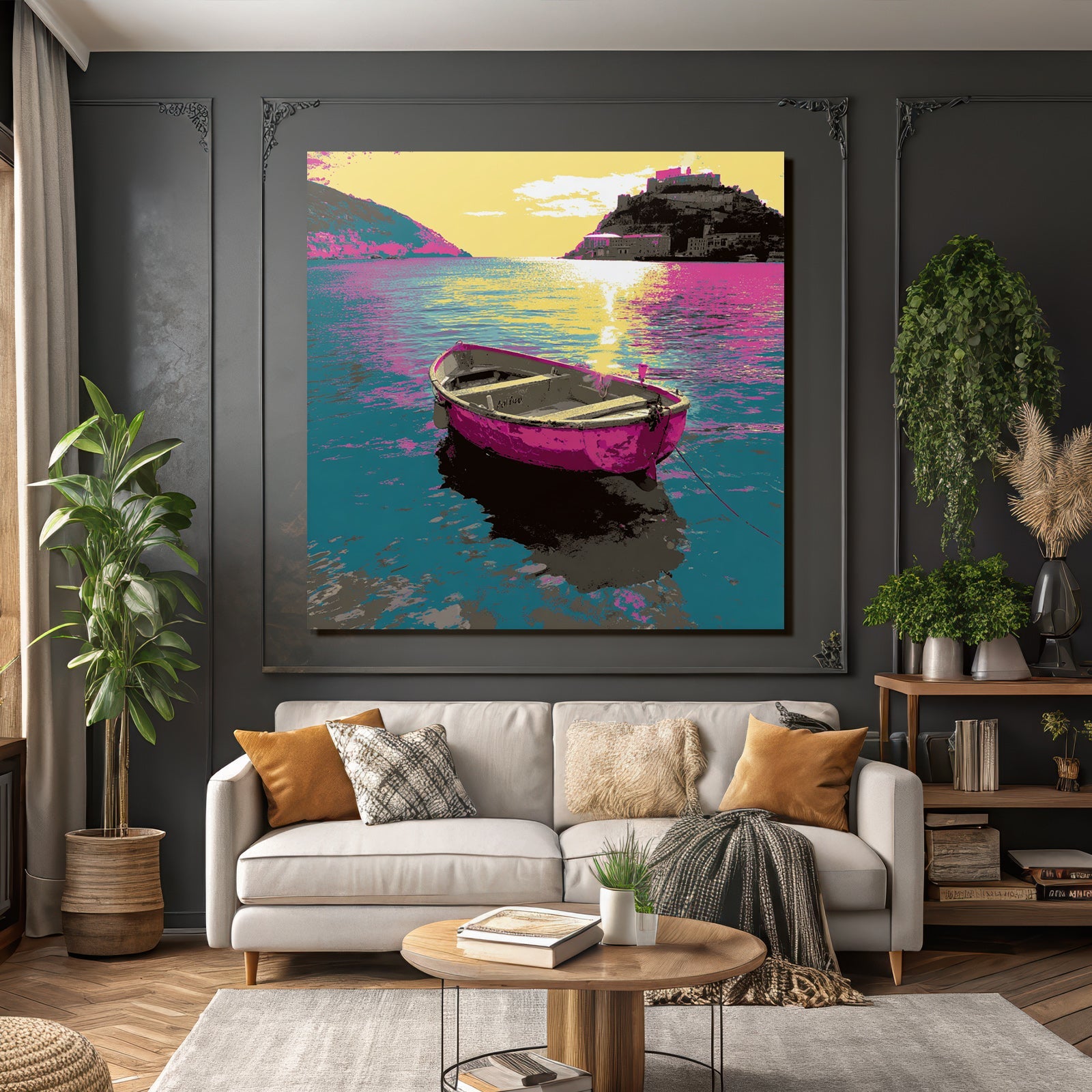 Neon and pop colors colorful boat on the water with land in the background