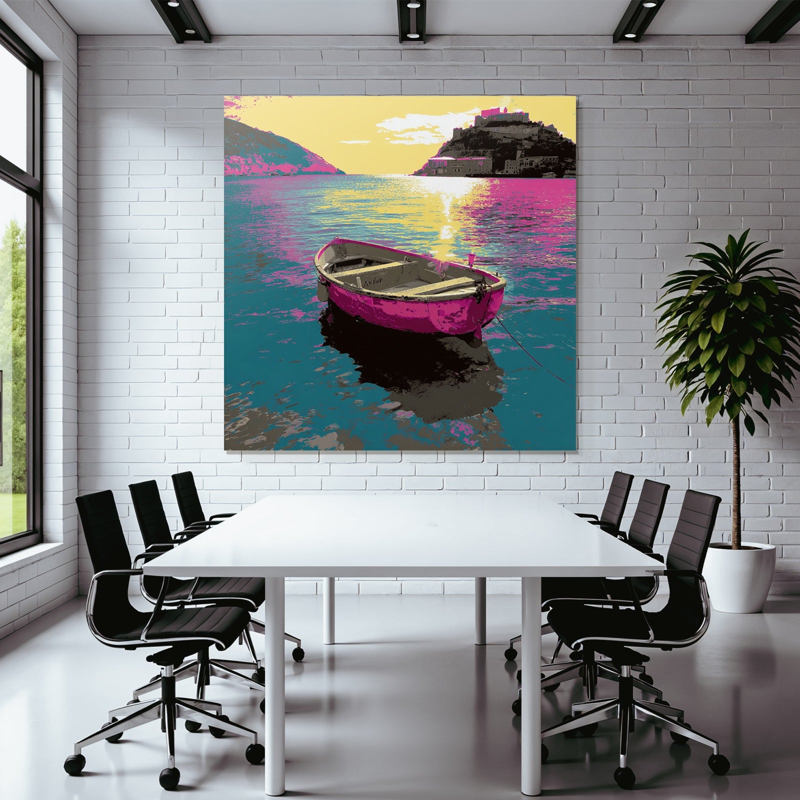 Neon and pop colors colorful boat on the water with land in the background