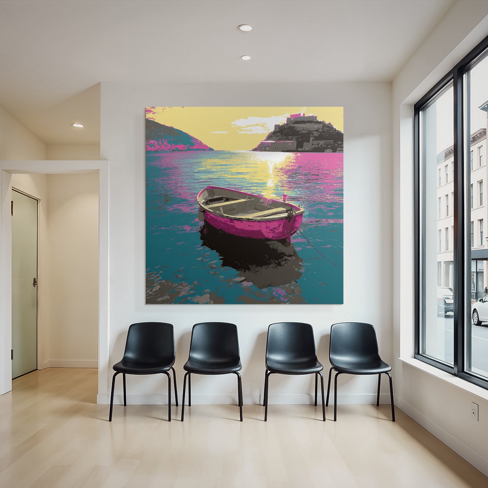 Neon and pop colors colorful boat on the water with land in the background