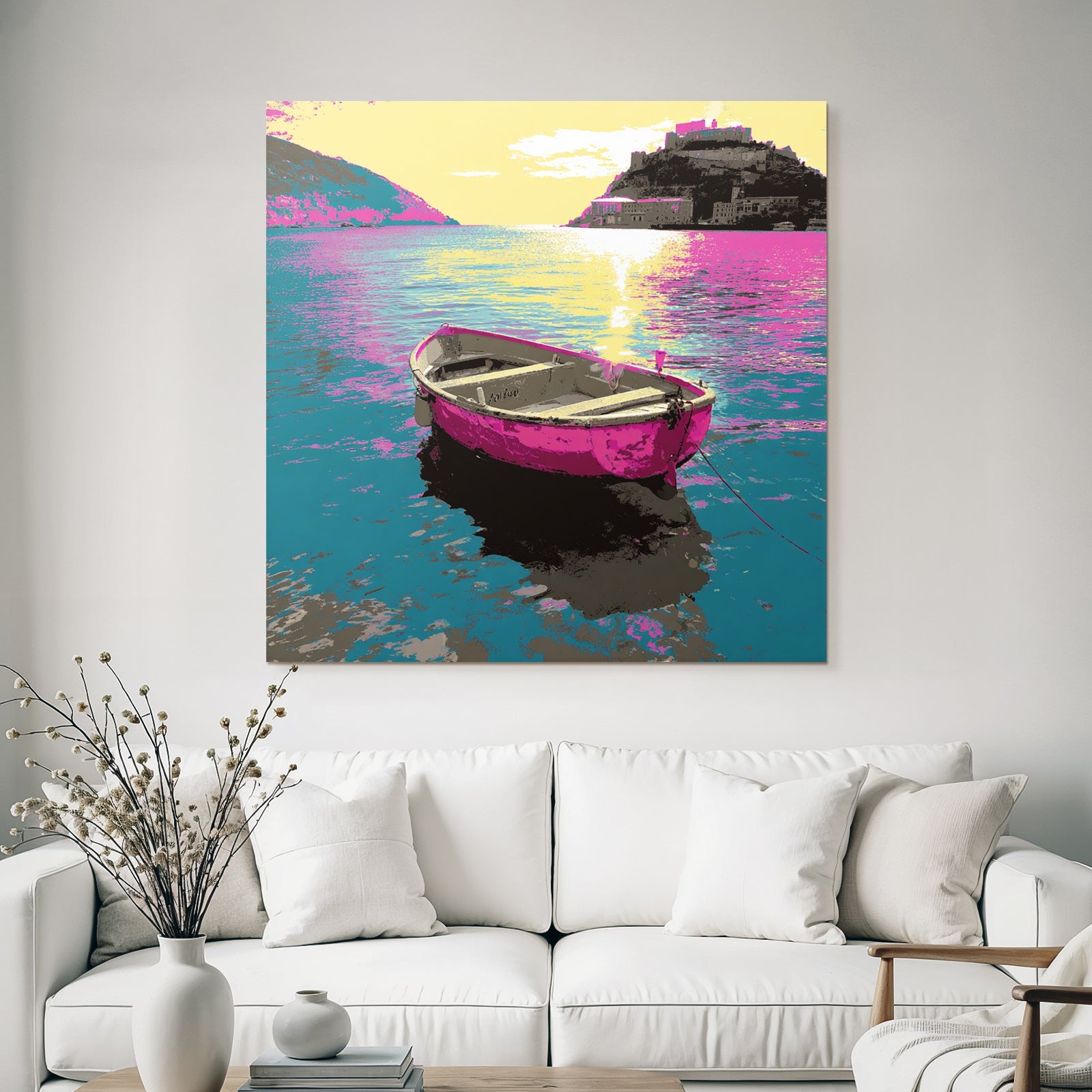 Neon and pop colors colorful boat on the water with land in the background