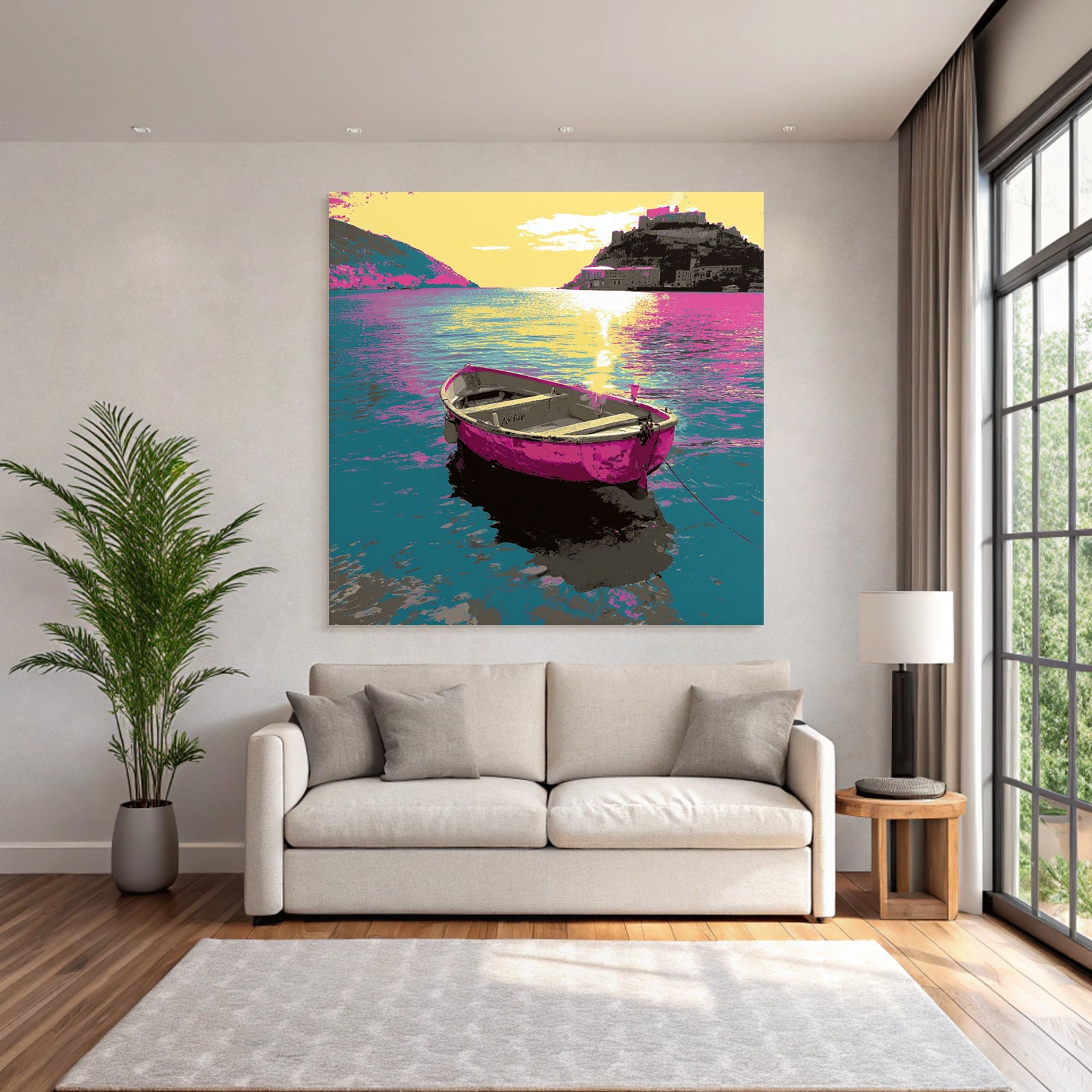 Neon and pop colors colorful boat on the water with land in the background