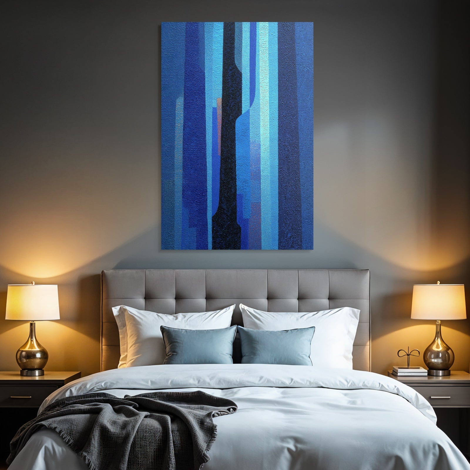 Blue Abstract Painting in Blue and Black with Vertical Lines