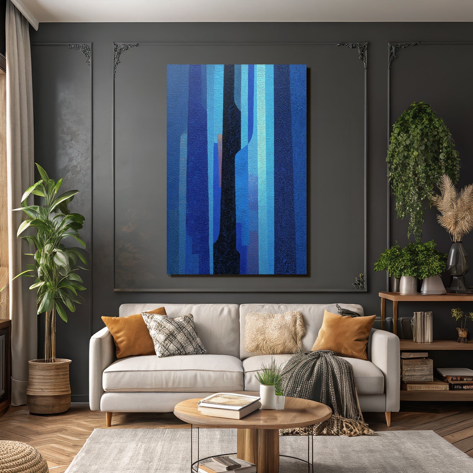 Blue Abstract Painting in Blue and Black with Vertical Lines