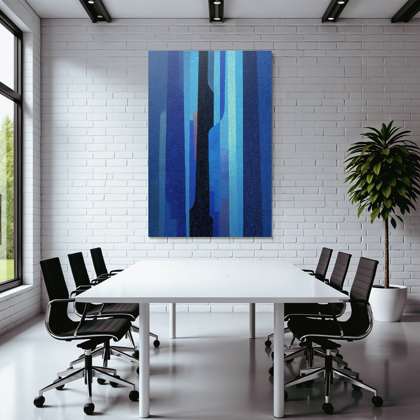 Blue Abstract Painting in Blue and Black with Vertical Lines