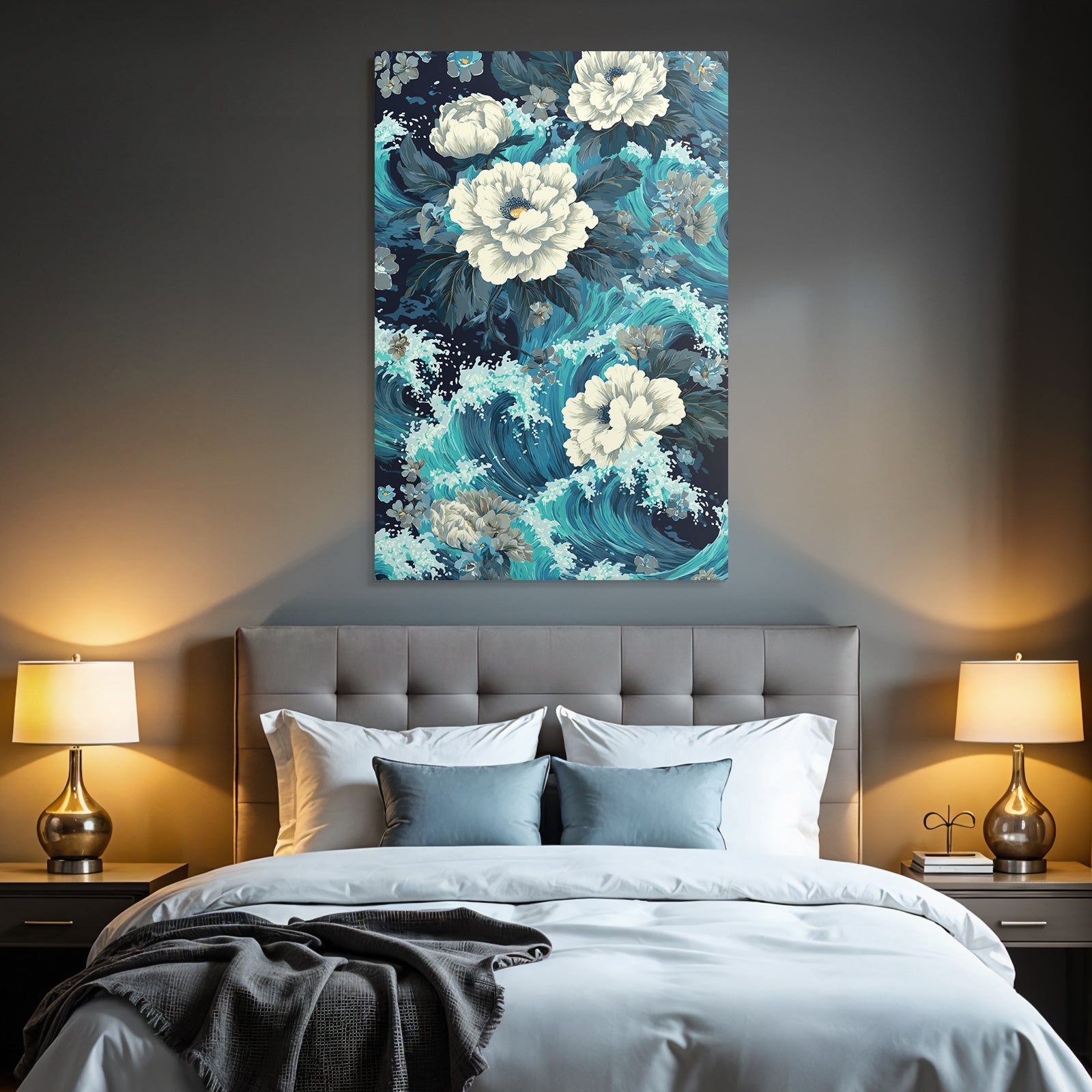 Blau Blumenmuster Weisse Peonien Türkise Wellen Dunkler Hintergrund