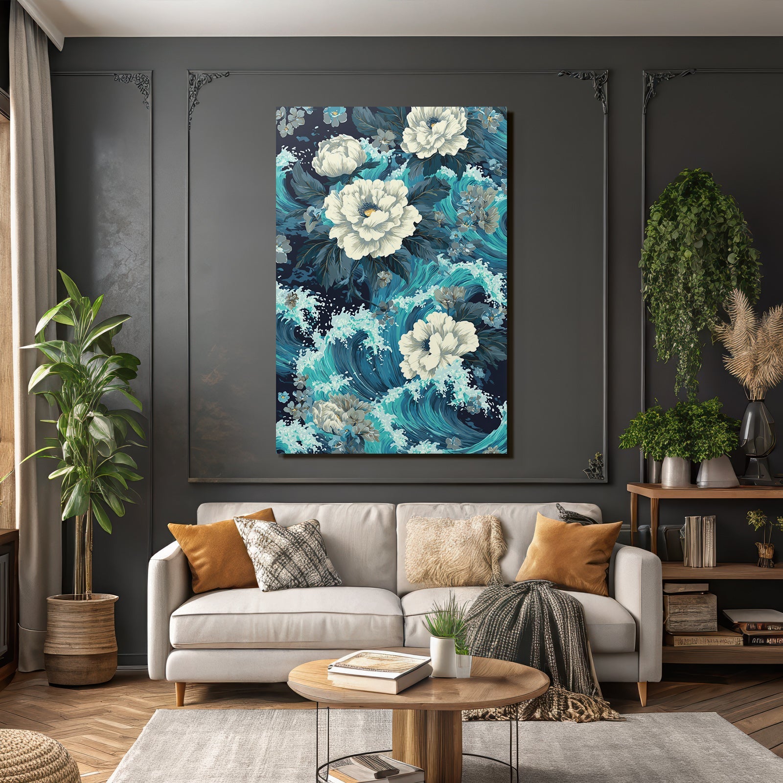 Blau Blumenmuster Weisse Peonien Türkise Wellen Dunkler Hintergrund