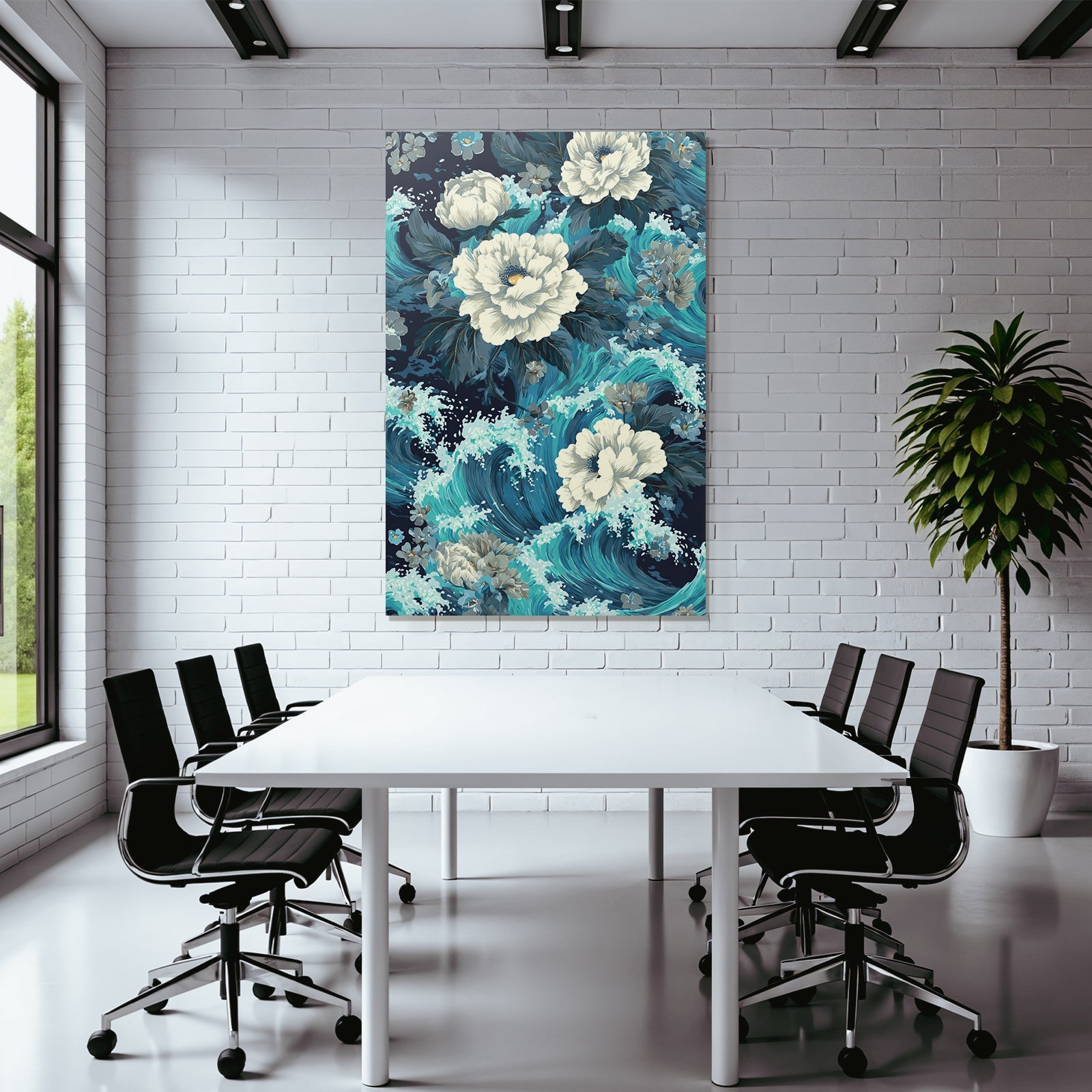 Blau Blumenmuster Weisse Peonien Türkise Wellen Dunkler Hintergrund