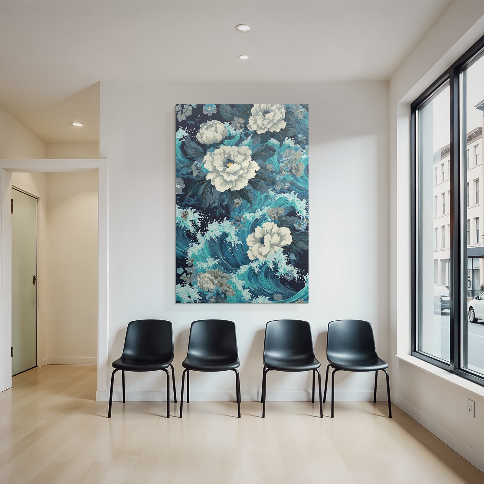 Blau Blumenmuster Weisse Peonien Türkise Wellen Dunkler Hintergrund