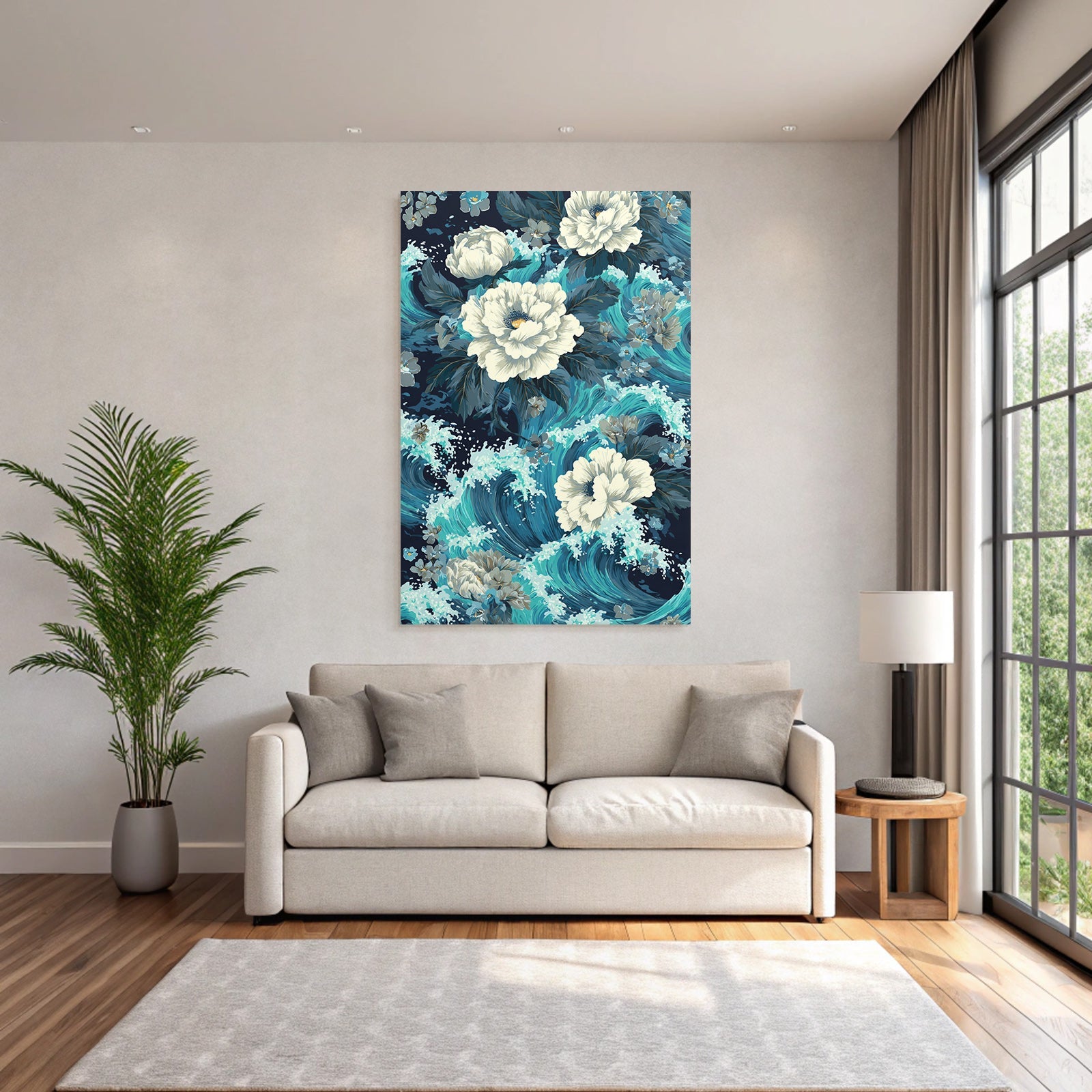 Blau Blumenmuster Weisse Peonien Türkise Wellen Dunkler Hintergrund