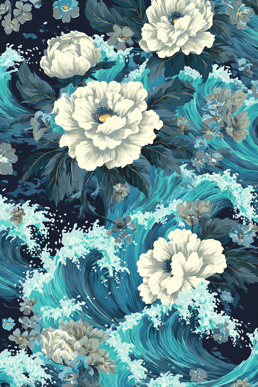 Blau Blumenmuster Weisse Peonien Türkise Wellen Dunkler Hintergrund | Petrol Maritim Delfter Blau | Farbenwelten