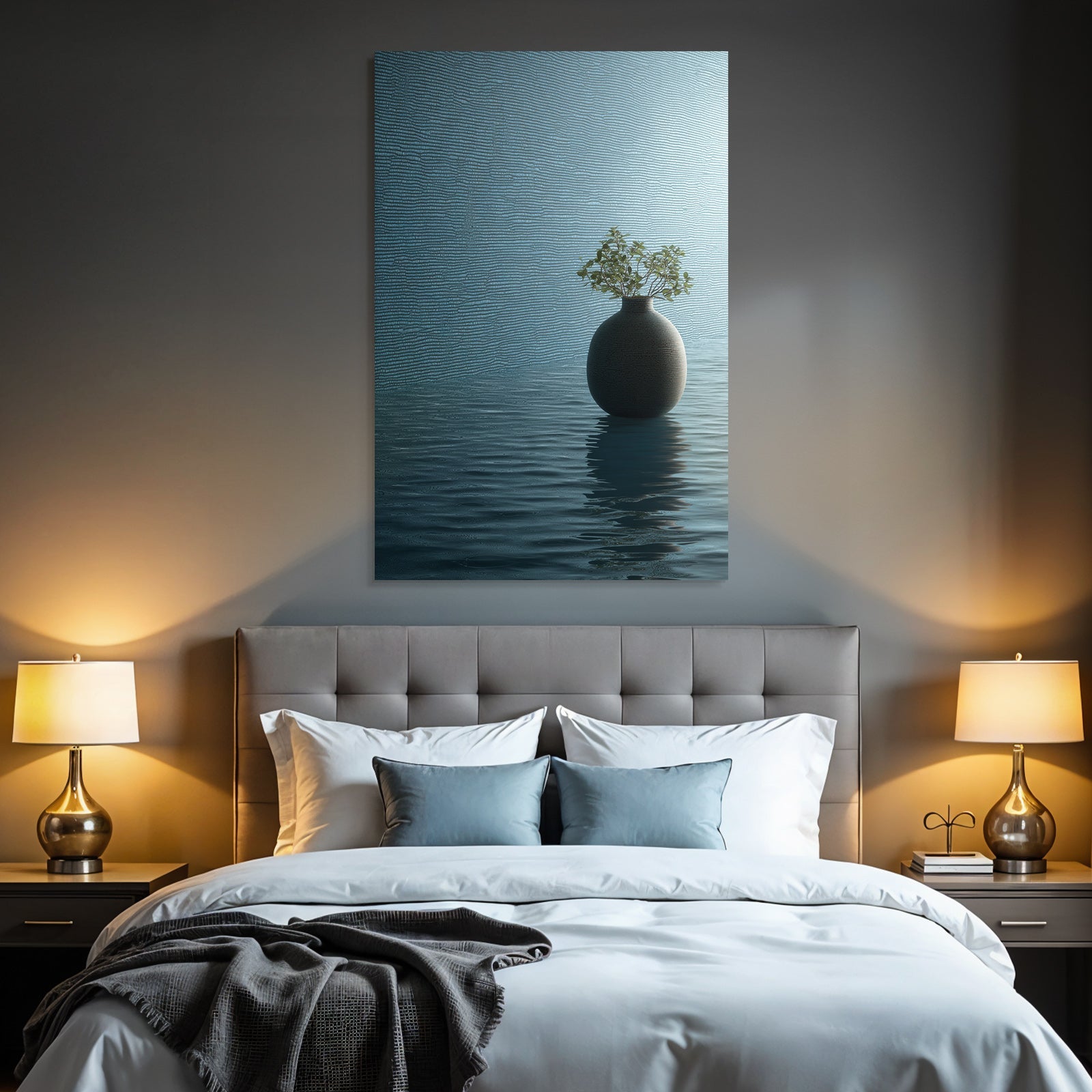 Blau Ruhige Szene Mit Vase Und Pflanze Auf Reflektierender Oberfläche