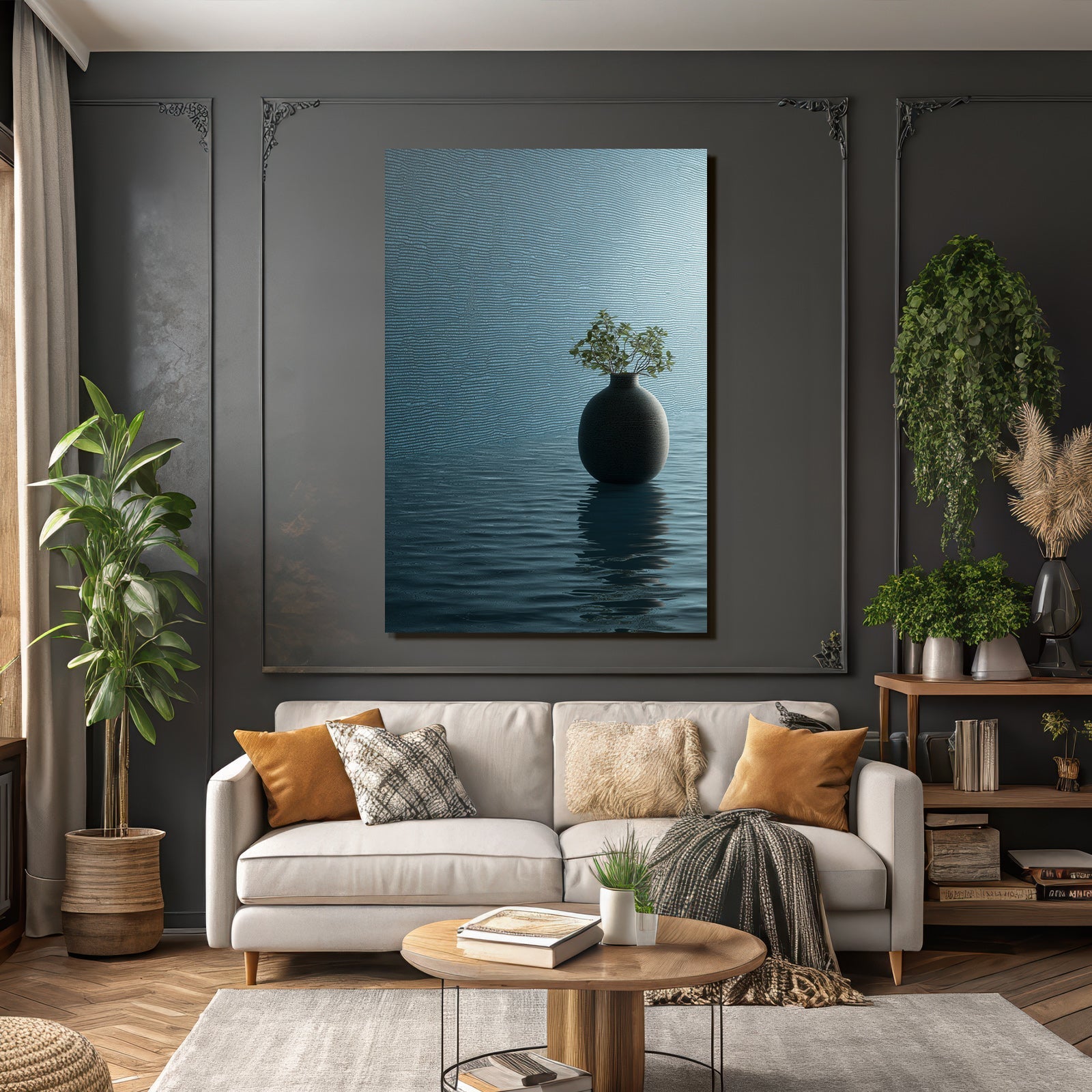 Blau Ruhige Szene Mit Vase Und Pflanze Auf Reflektierender Oberfläche