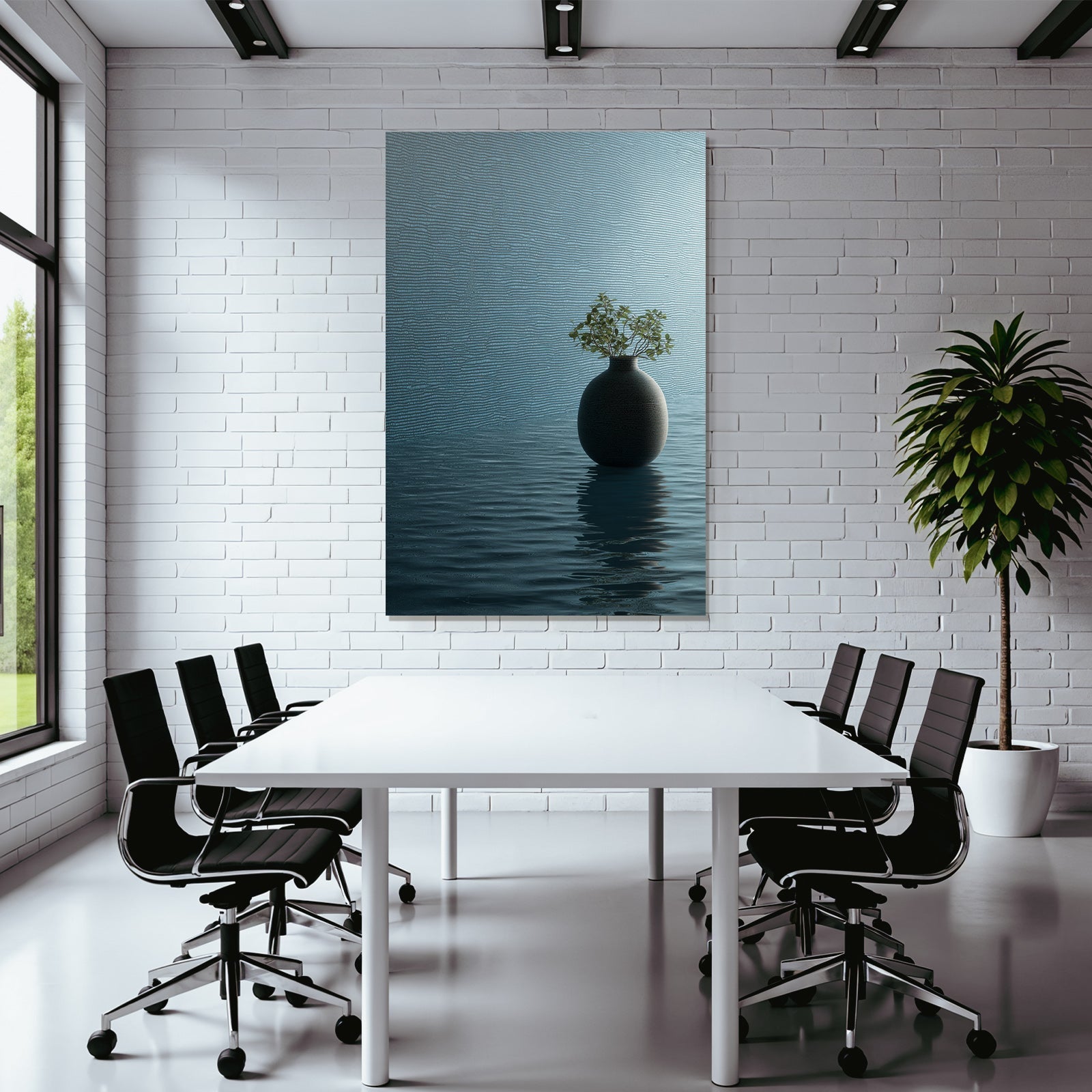 Blau Ruhige Szene Mit Vase Und Pflanze Auf Reflektierender Oberfläche