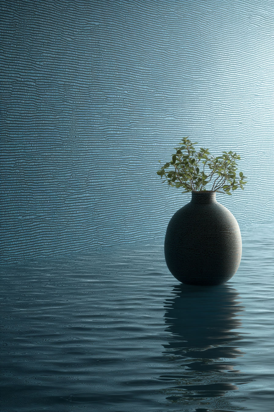 Blau Ruhige Szene Mit Vase Und Pflanze Auf Reflektierender Oberfläche | Petrol Maritim Delfter Blau | Farbenwelten