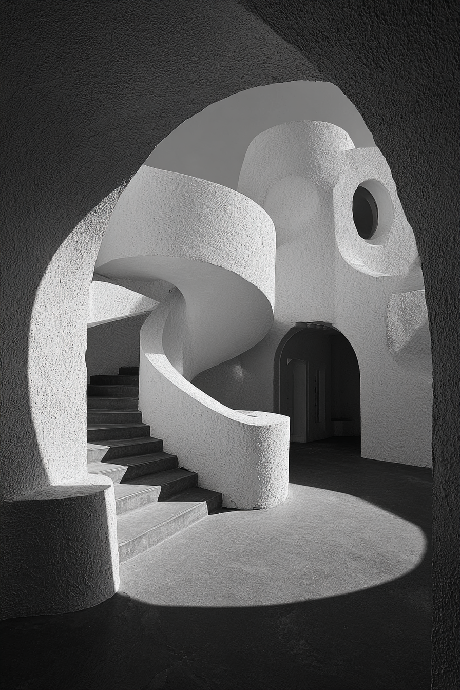 Moderne Skulpturale Architektur Innenraum Spiraltreppe Licht Schatten | Schwarz Weiss | Farbenwelten