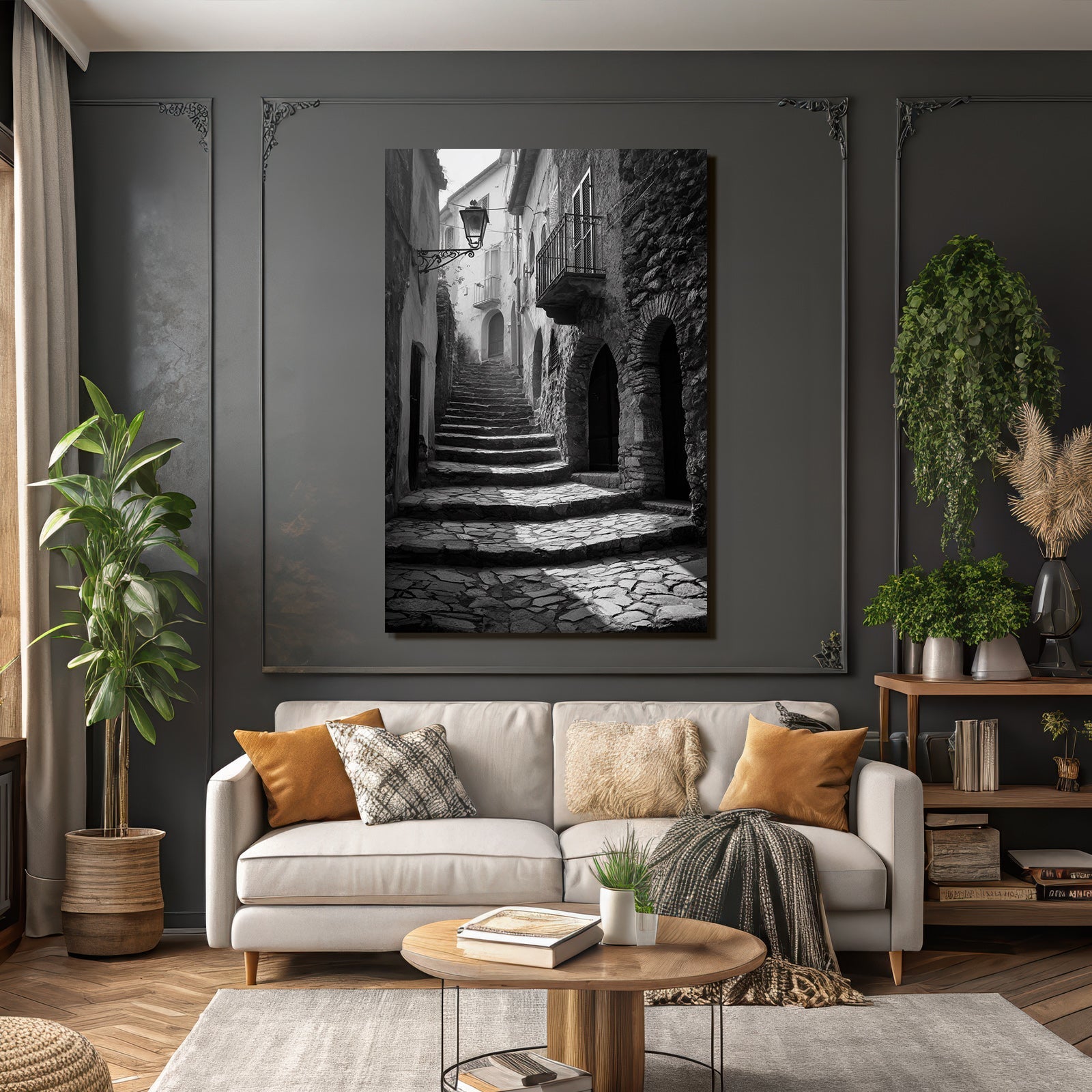 Schwarze Weiss Fotografie Der Enge Windende Treppe In Einem Alten Stein Dorf