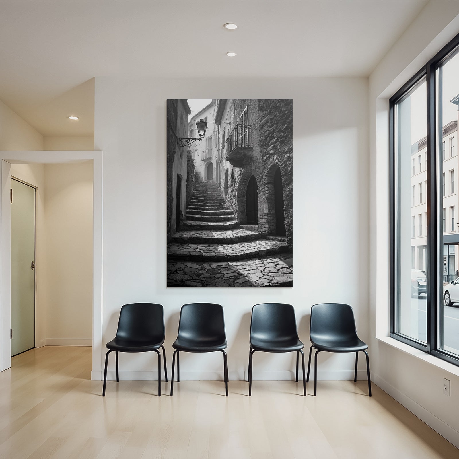 Schwarze Weiss Fotografie Der Enge Windende Treppe In Einem Alten Stein Dorf