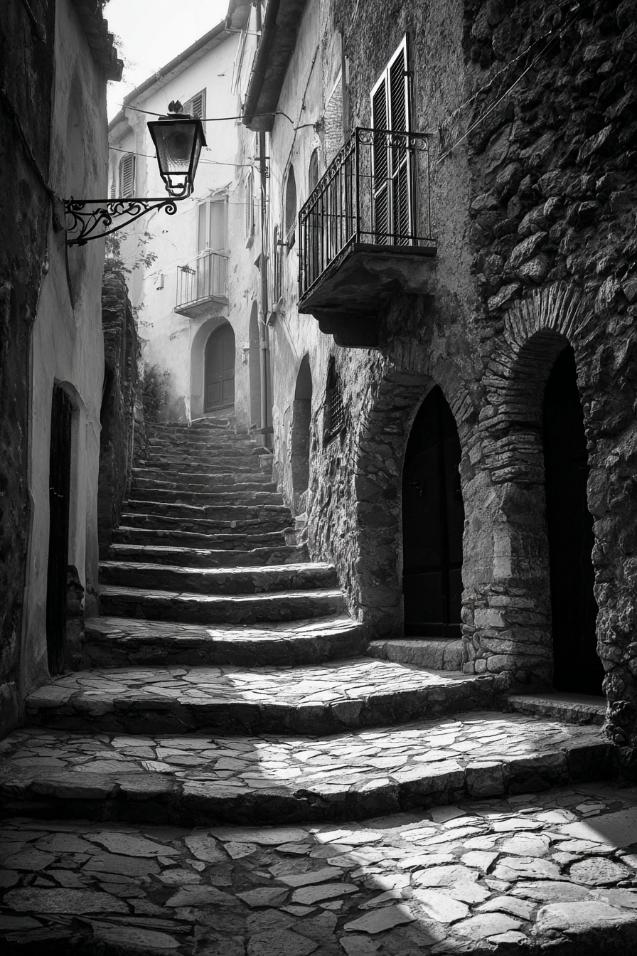 Schwarze Weiss Fotografie Der Enge Windende Treppe In Einem Alten Stein Dorf | Schwarz Weiss | Farbenwelten