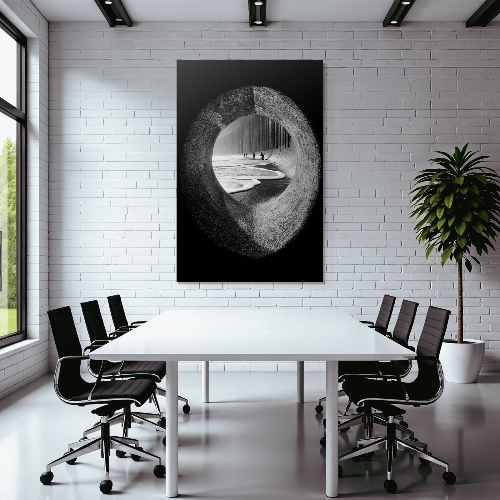 Schwarzweiss Foto Aussicht Durch Ein Loch Am Strand Mit Leuten Und Wellen