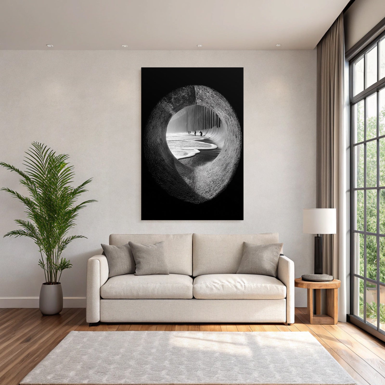 Schwarzweiss Foto Aussicht Durch Ein Loch Am Strand Mit Leuten Und Wellen