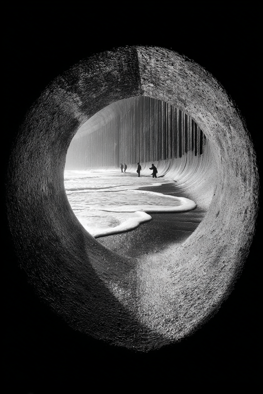 Schwarzweiss Foto Aussicht Durch Ein Loch Am Strand Mit Leuten Und Wellen | Schwarz Weiss | Farbenwelten