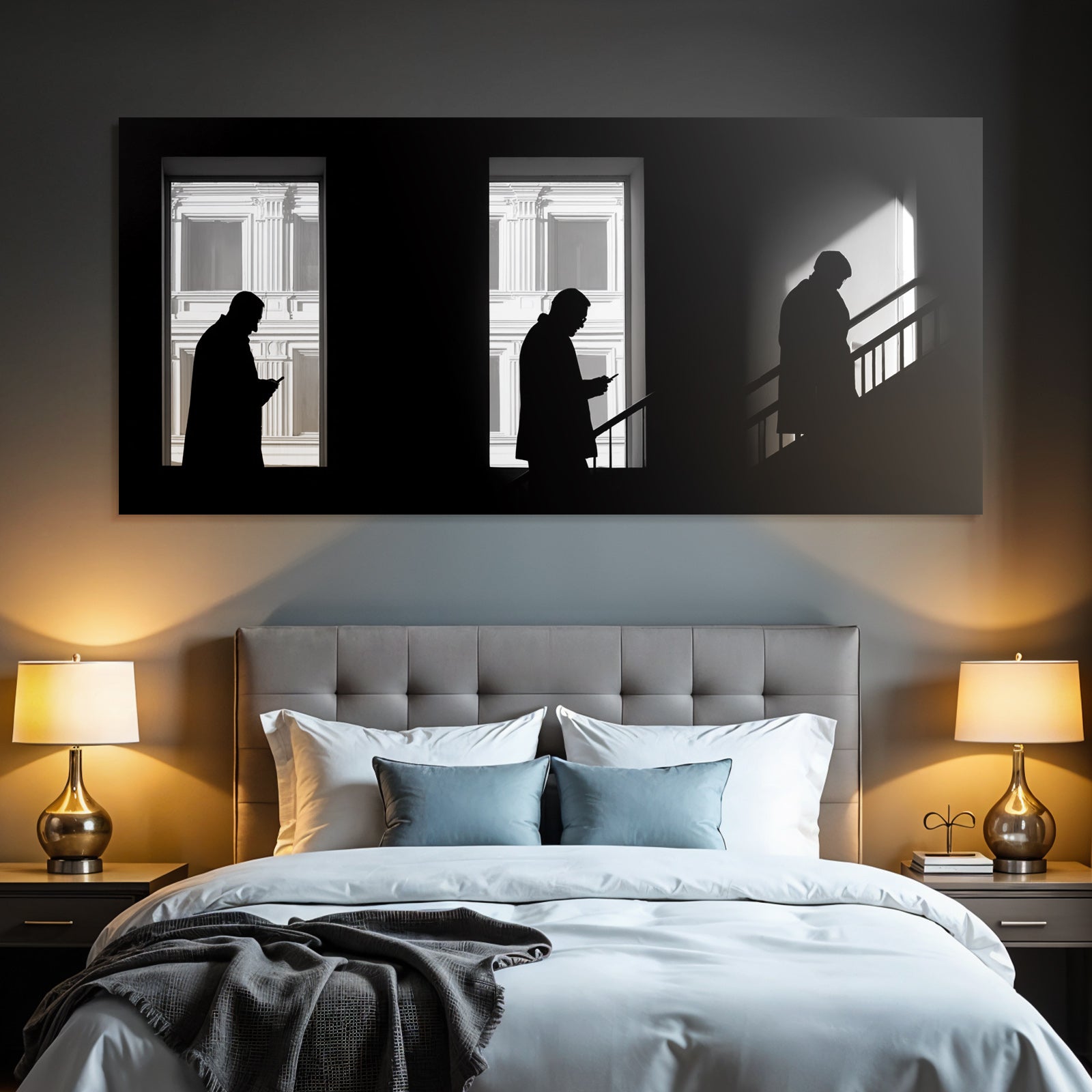 Three F Figures With Cell Phones In Front Of Windows Shadows And Light