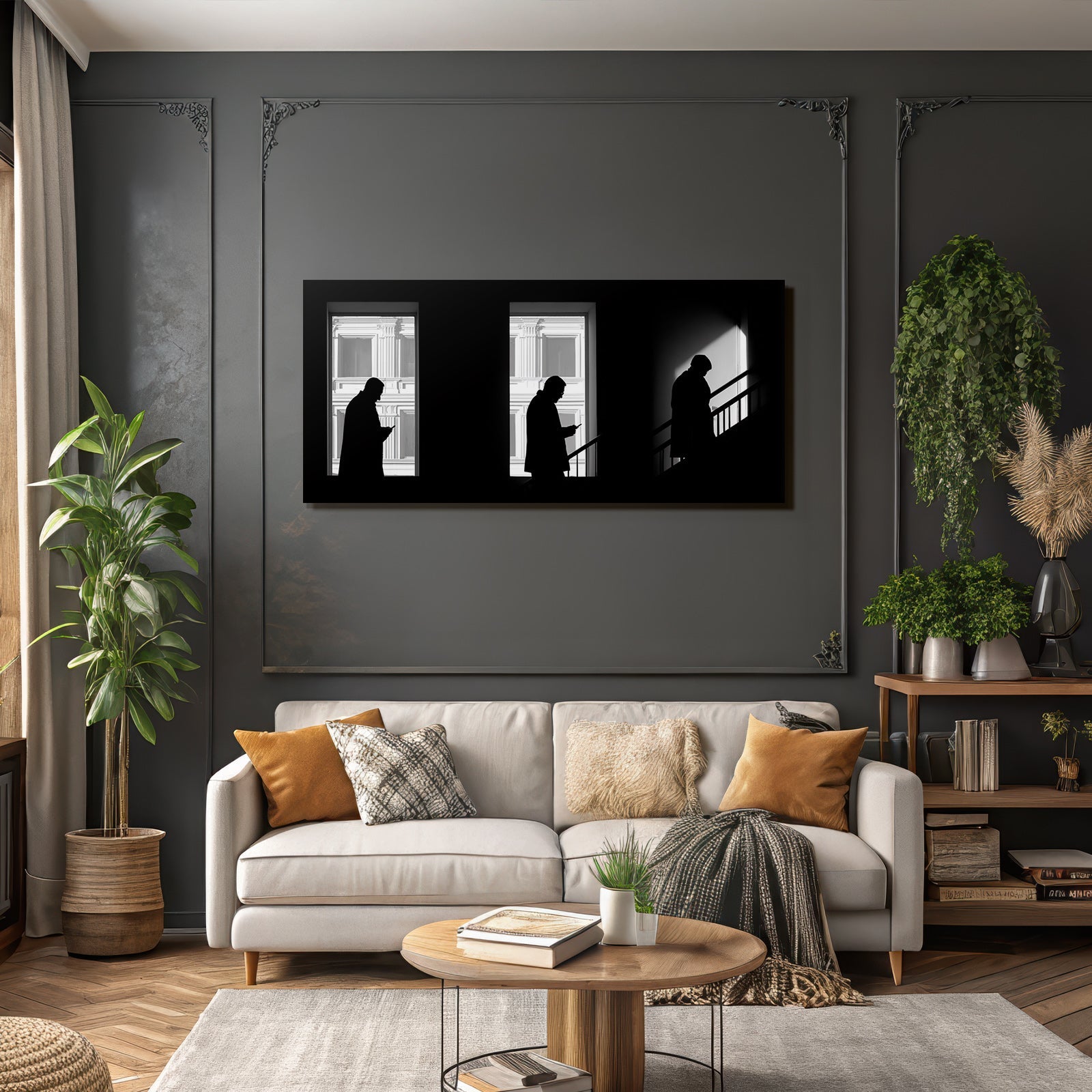 Three F Figures With Cell Phones In Front Of Windows Shadows And Light