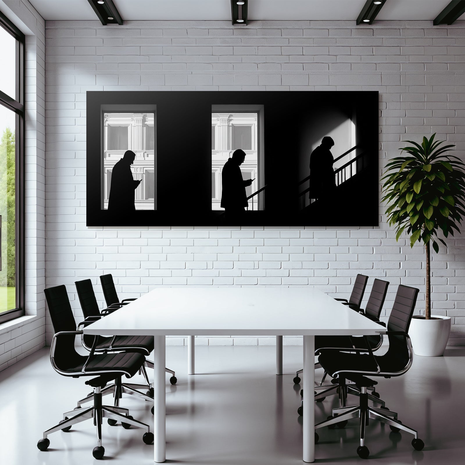 Three F Figures With Cell Phones In Front Of Windows Shadows And Light