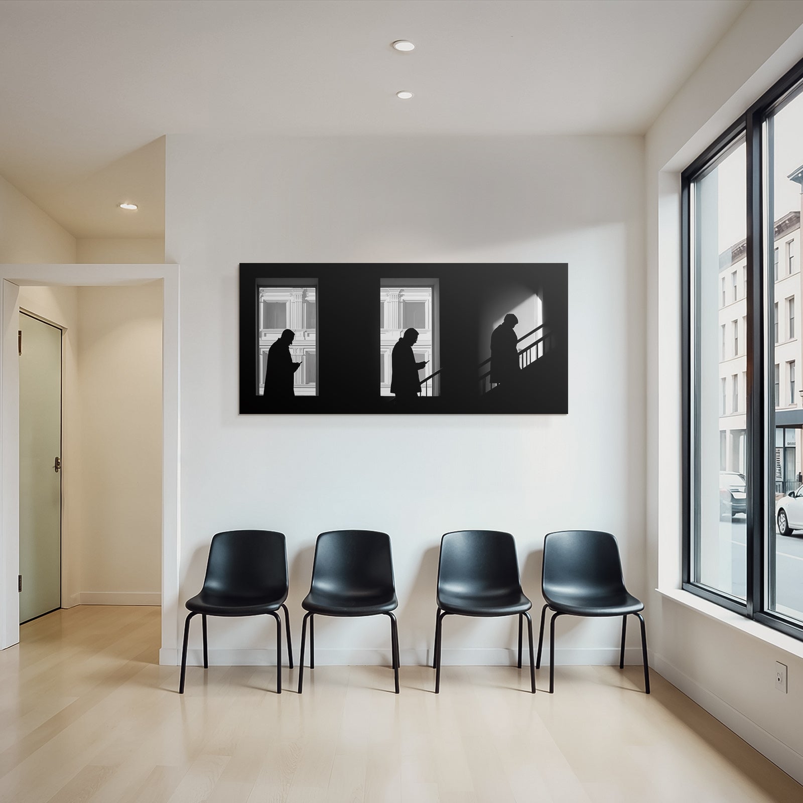Three F Figures With Cell Phones In Front Of Windows Shadows And Light