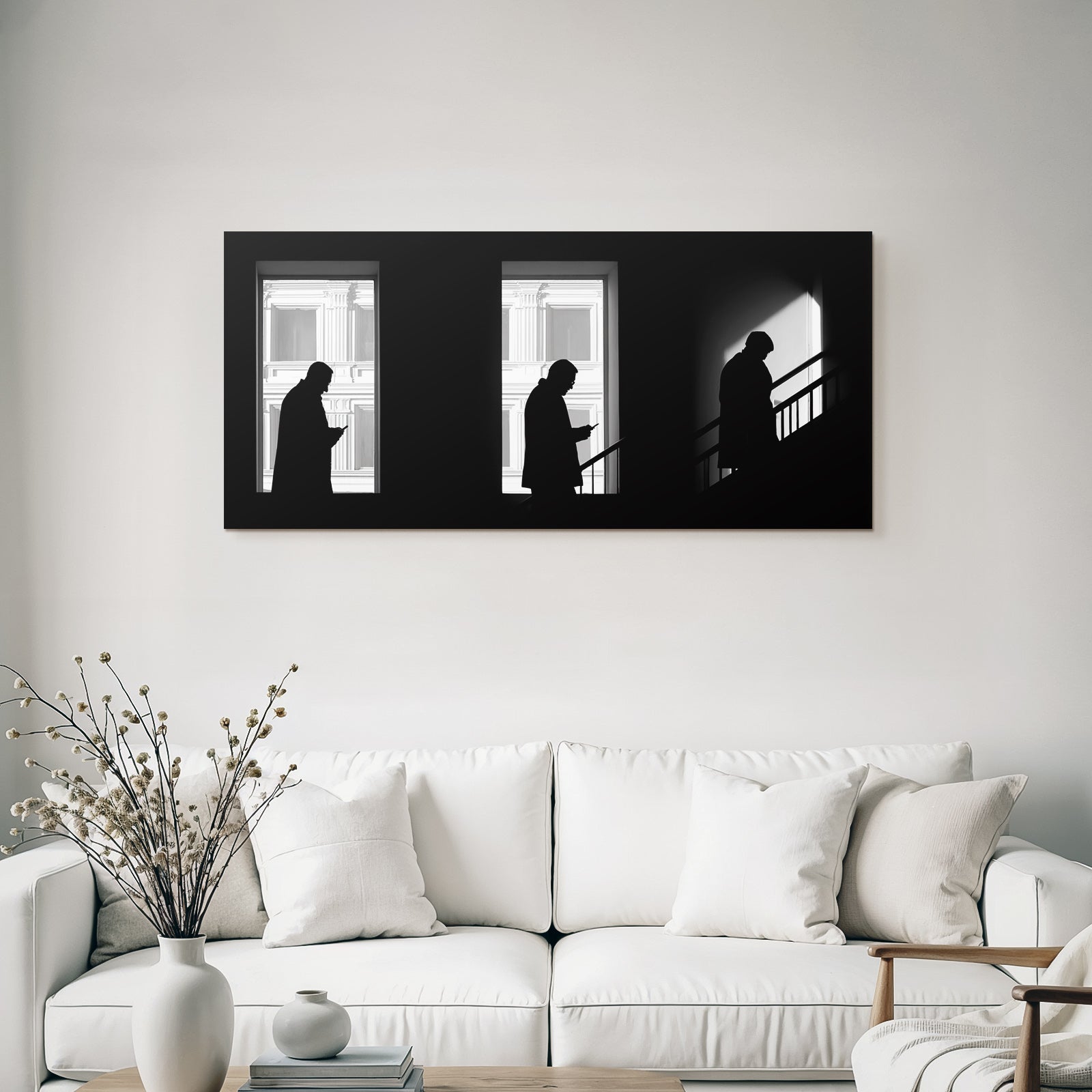 Three F Figures With Cell Phones In Front Of Windows Shadows And Light