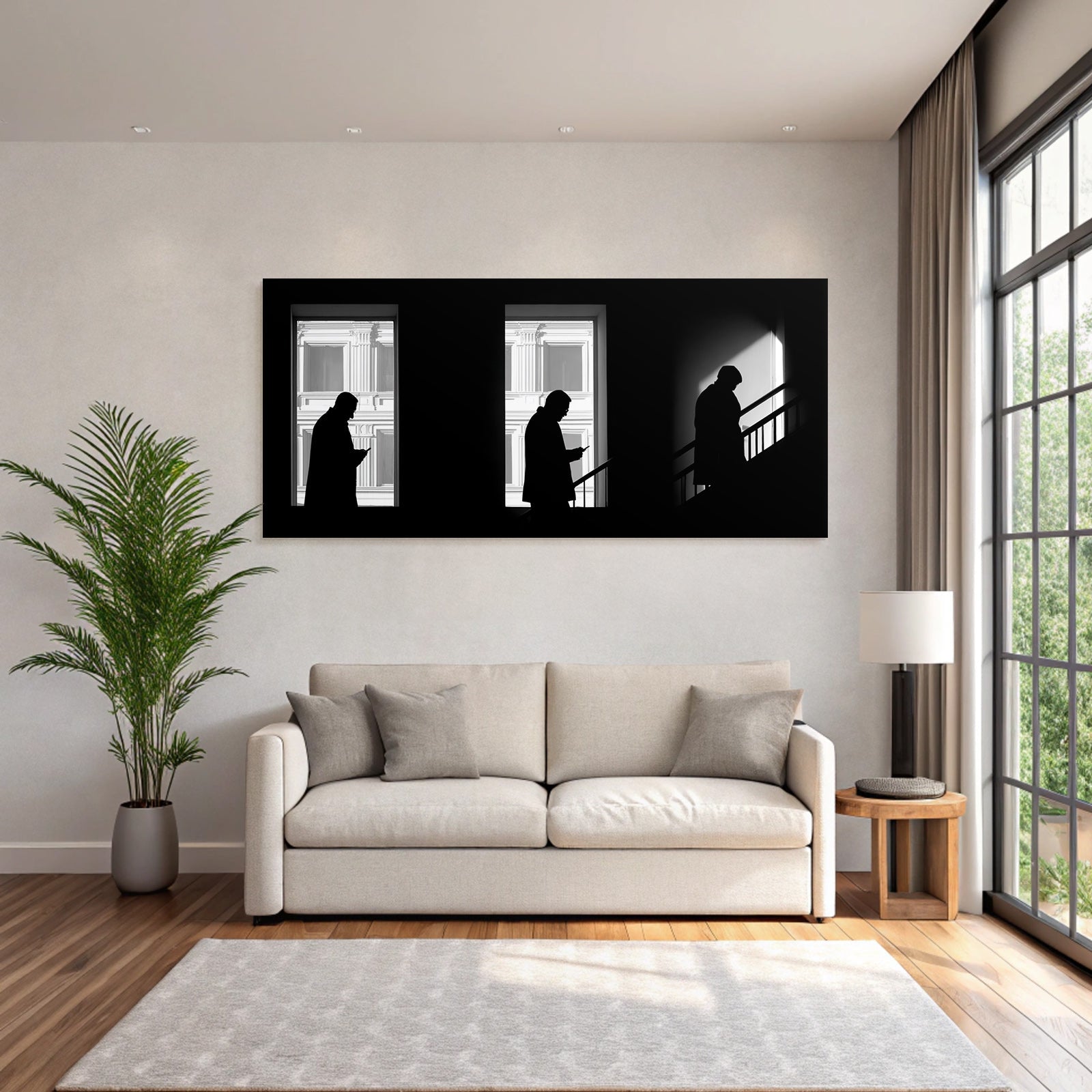 Three F Figures With Cell Phones In Front Of Windows Shadows And Light