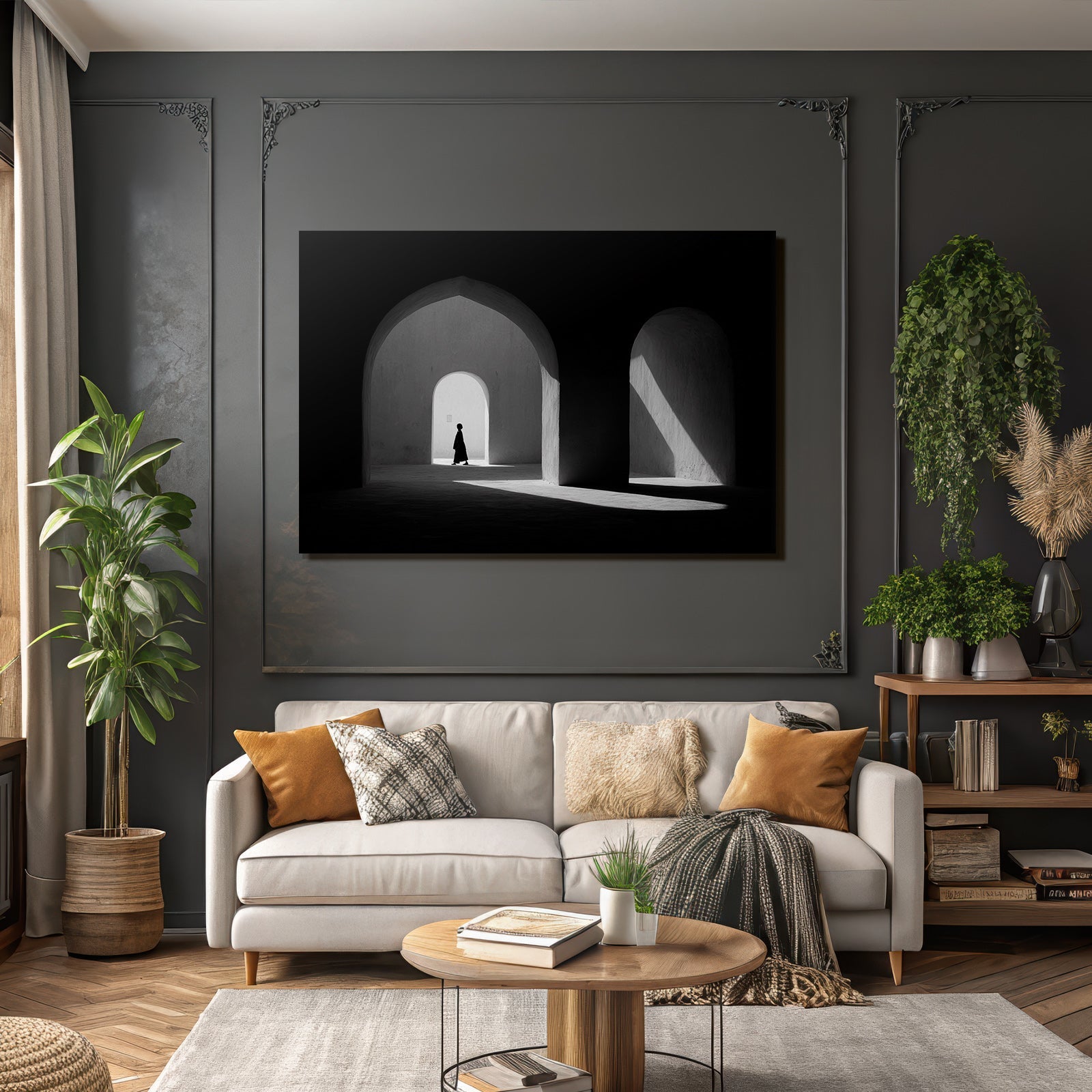 Silhoütte Einer Person Die Durch Architektonischen Raum Geht