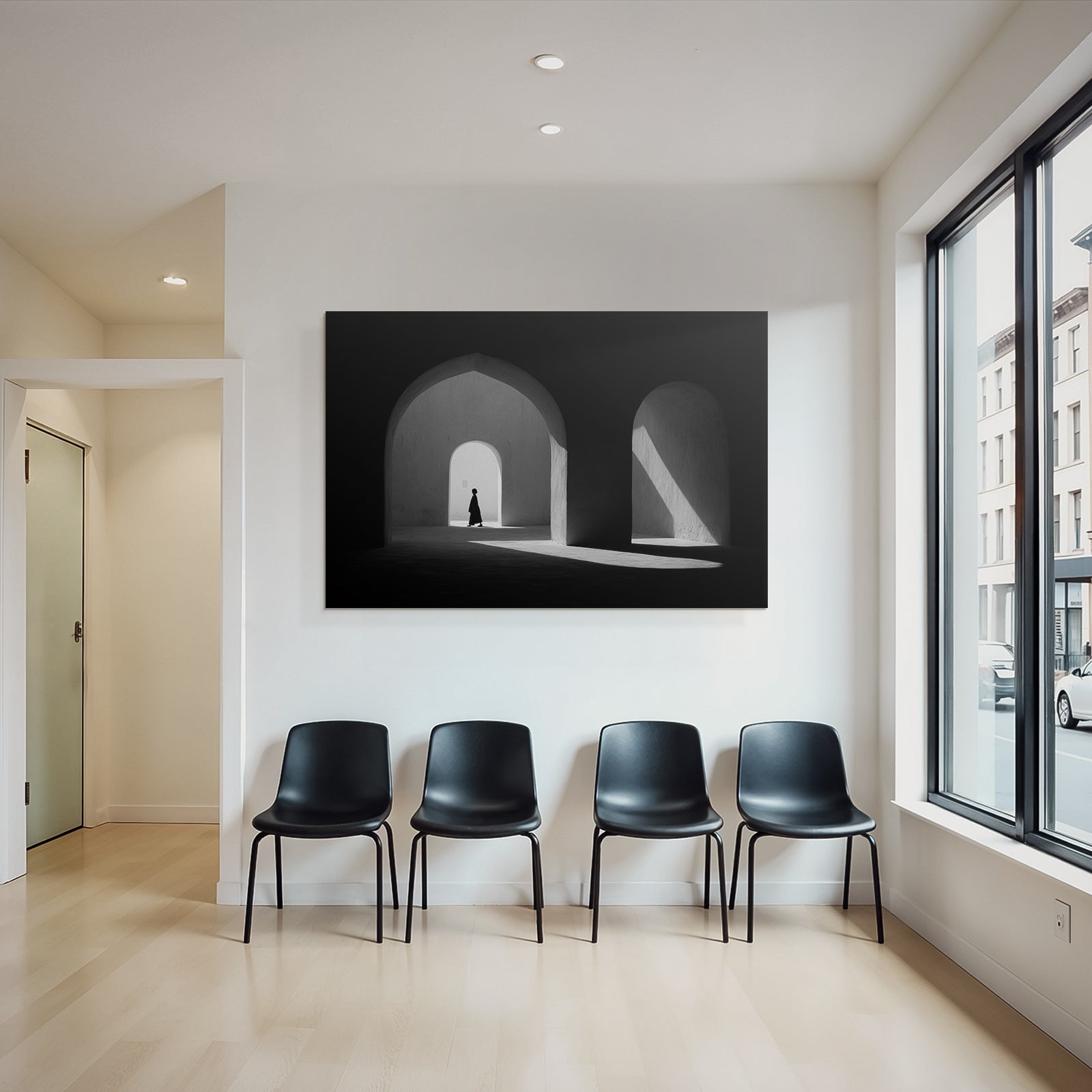 Silhoütte Einer Person Die Durch Architektonischen Raum Geht