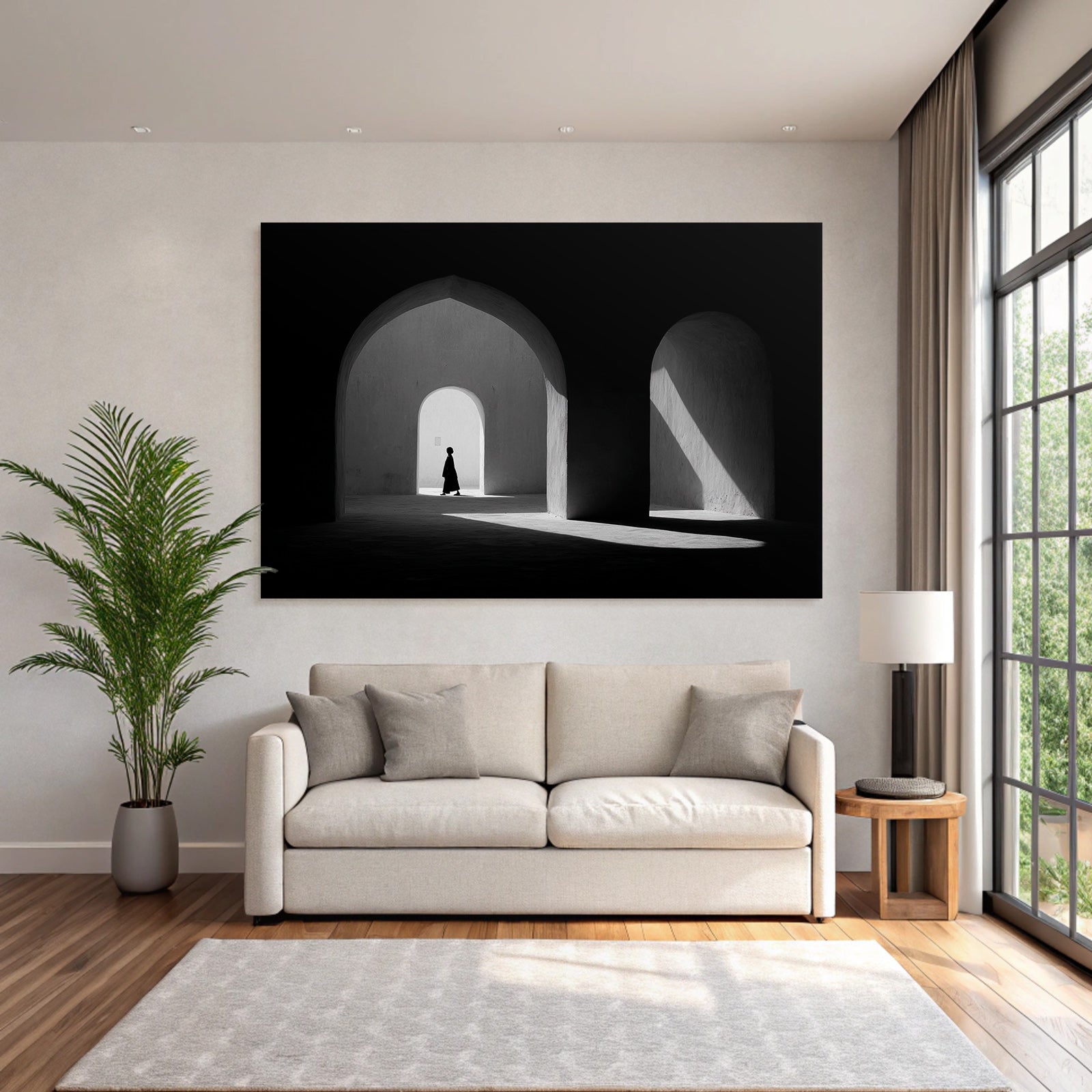 Silhoütte Einer Person Die Durch Architektonischen Raum Geht